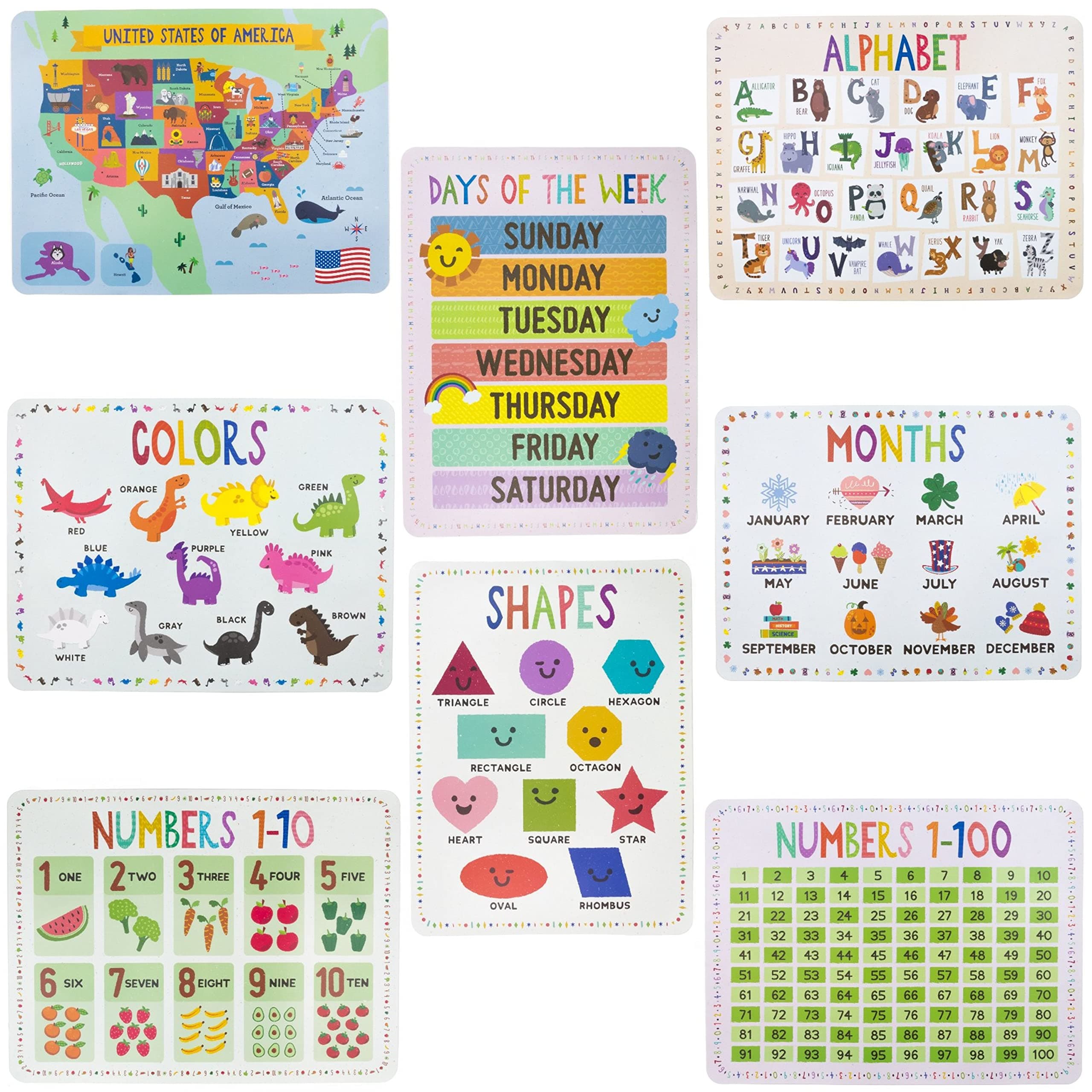 Pint-Size Scholars 8-Pack Reversible Classroom Wall Posters 22" x 17" - Learn the Alphabet, Colors, Days, Months, Numbers, Shapes, USA Map