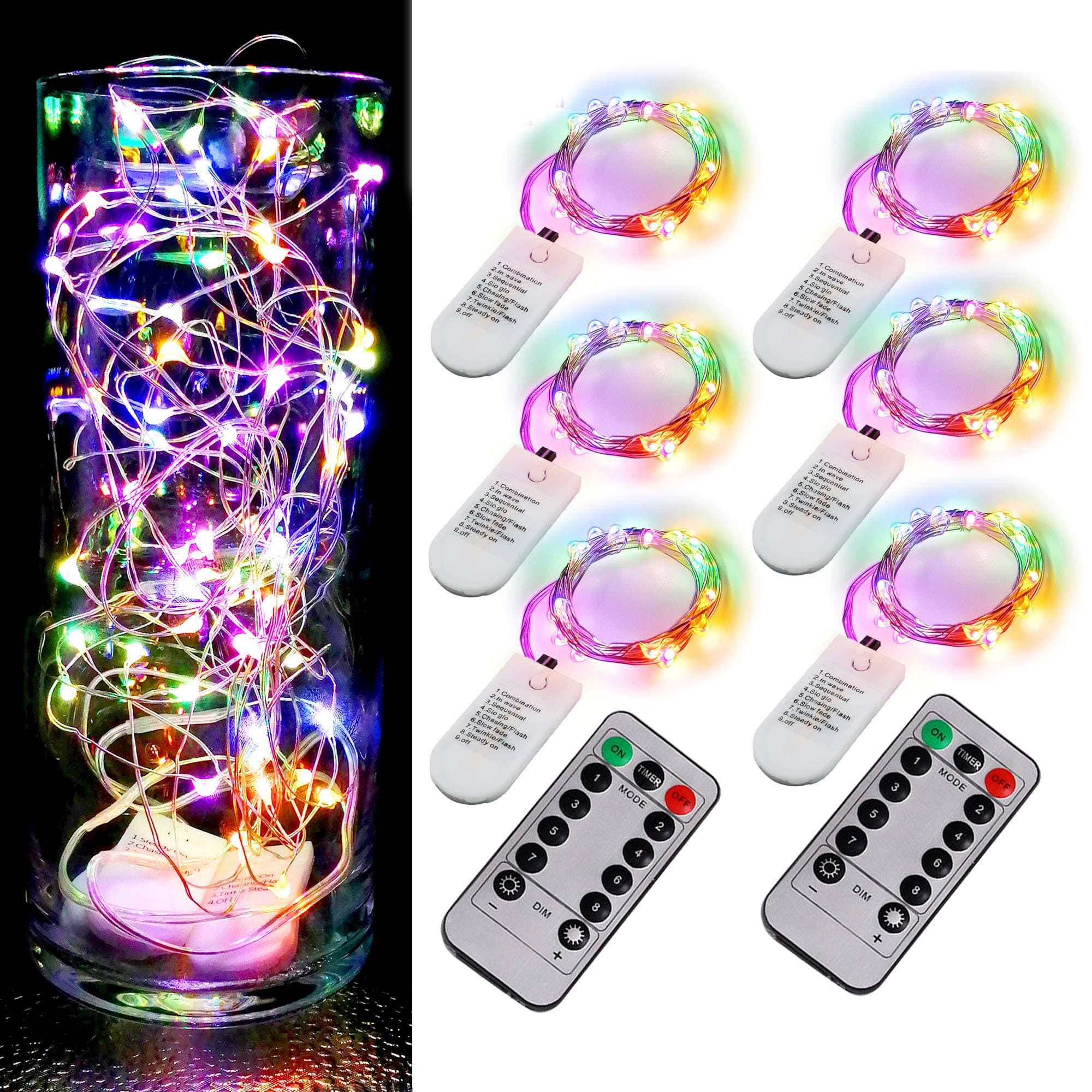 6 Pack Fairy Lights Battery Operated with Timer 2PCS Remote 6.5ft 20LED Multicolor Twinkle Lights Waterproof Silver Wire Fireflies Lights DIY Mason Jar Wedding Party Christmas Centerpiece Table Deco