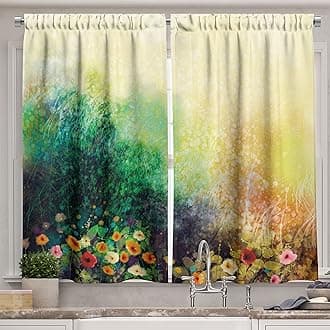 Ambesonne Flower Long Kitchen Curtains, Vibrant Colored Flower Bed on Valley in Fall Season with Shady Faded Murky Print, Two Panels Drapes with Rod Pocket Room Decor, 55" X 45", Mustard Green