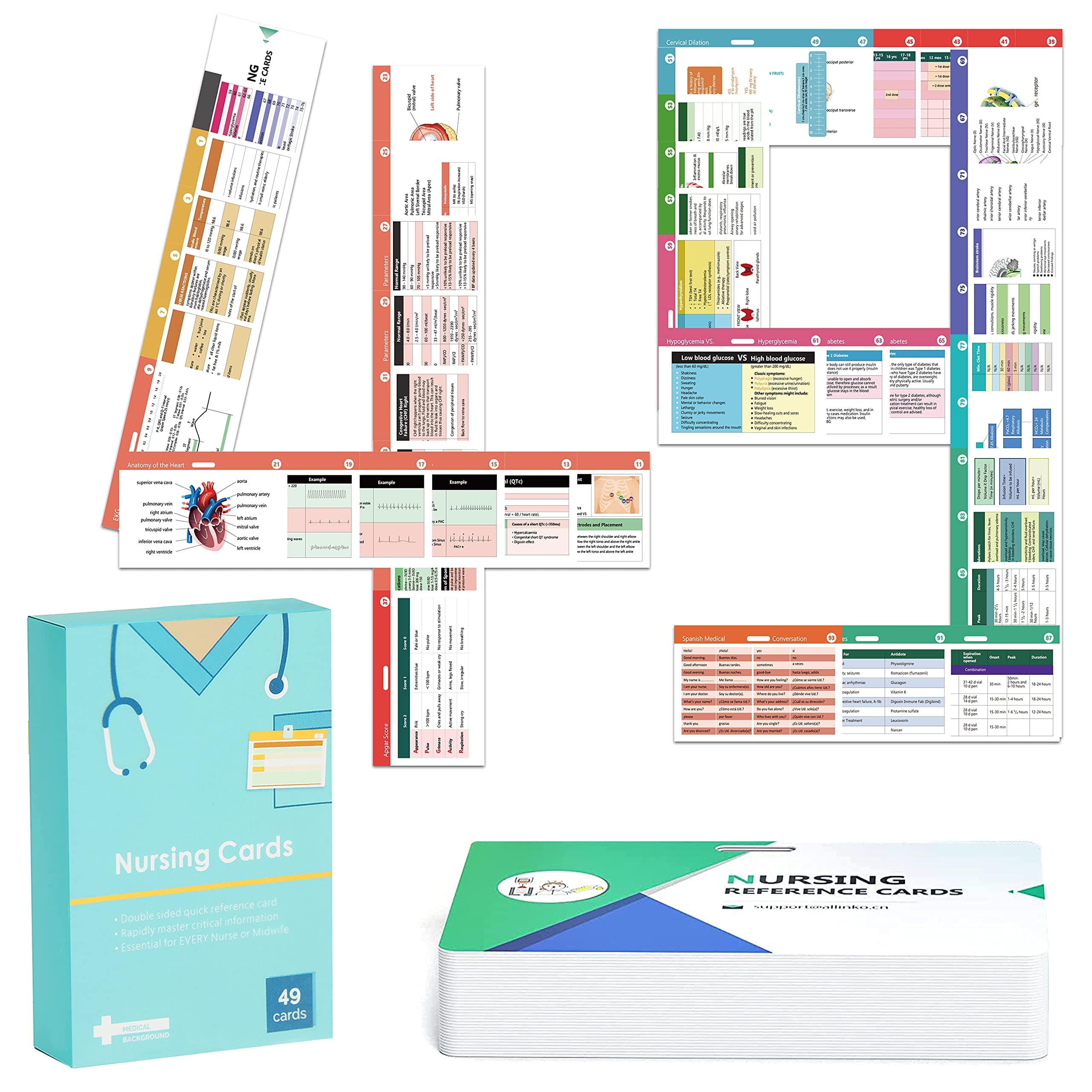 Anrapley 49 Horizontal Nursing Badge Reference Cards, Nursing School Essentials Set, Bonus Cheat Sheets - Lab Values, EKG, Vitals, Etc for Nurse, LPN, Or Students