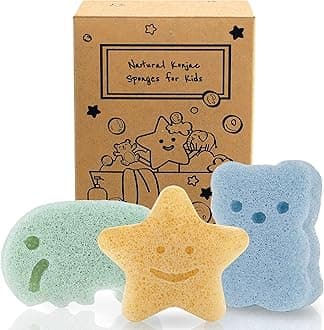 myHomeBody Konjac Baby Sponge for Bathing, Cute Shapes Natural Kids Bath loofah for Infants, Toddler, Newborns, Safe Plant-Based, 3pc. Set: Elephant, Bear & Star