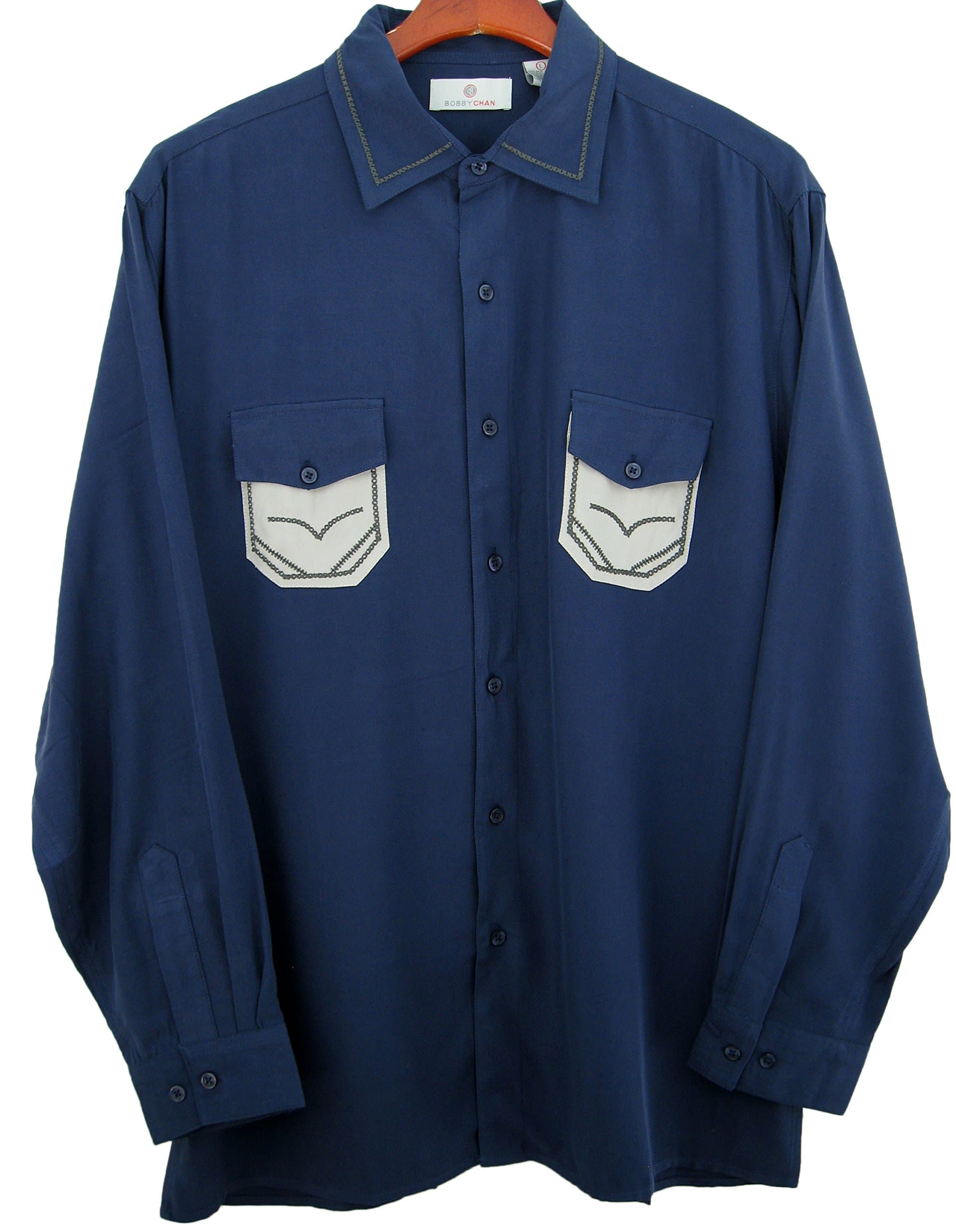 Mens Silk Blend Button Front Camp Shirt Long Sleeve Retro Style (XL, Blue)
