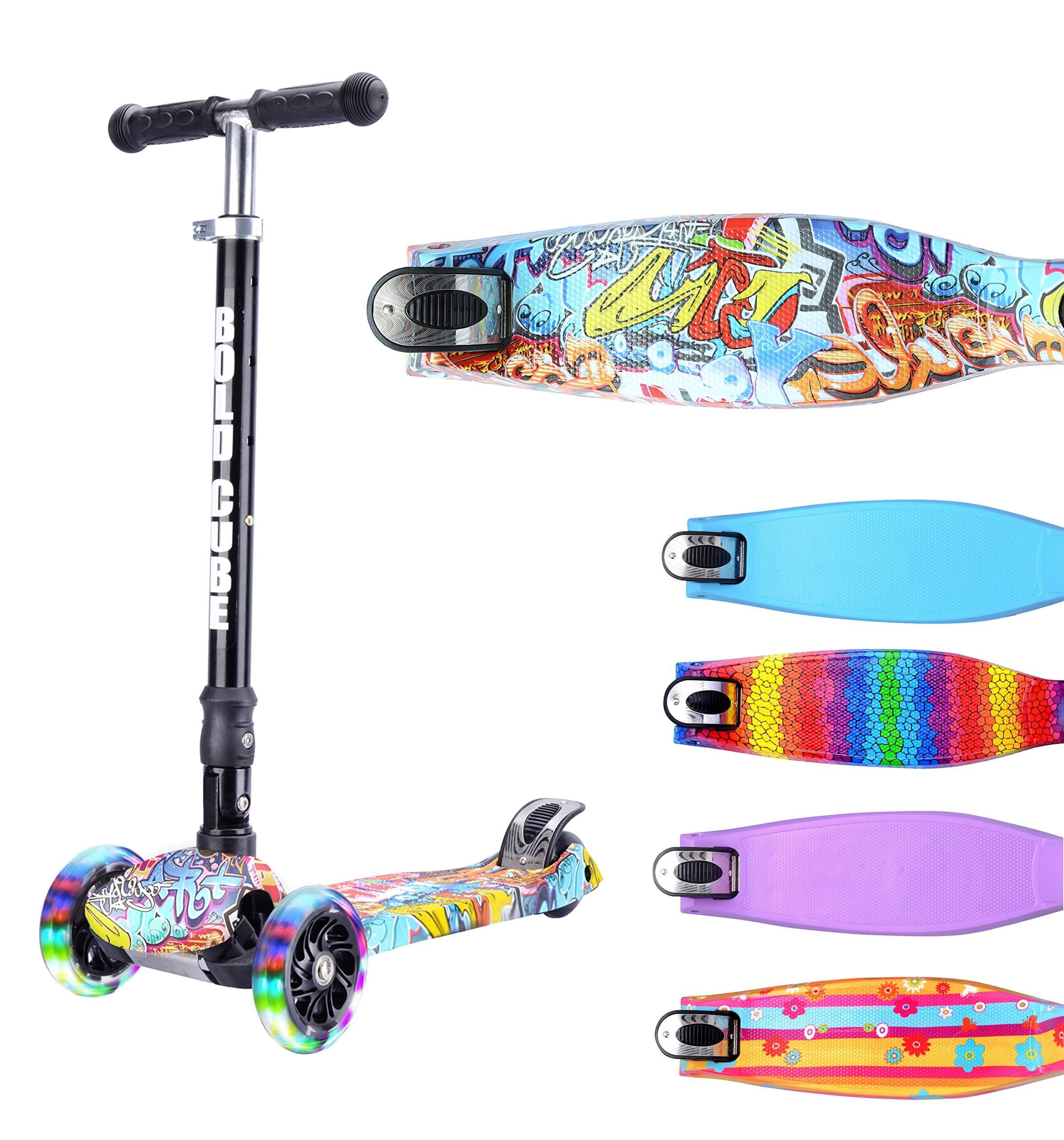 BOLDCUBE Kids Scooter 3 Wheels - Foldable & Height Adjustable - with Flashing LED Lights (Street Graffiti II)