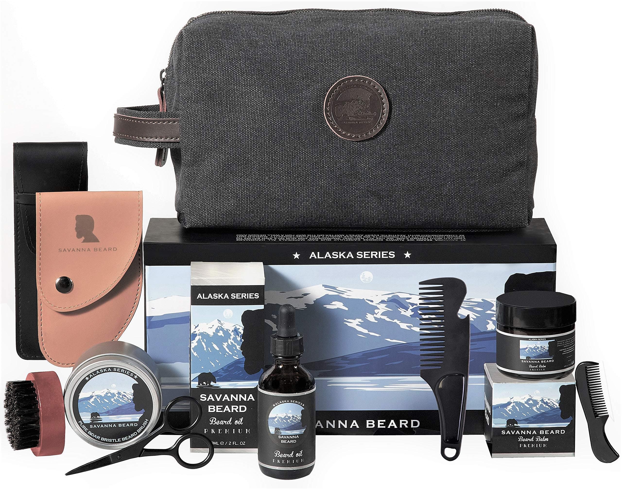 SAVANNA BEARD Beard Grooming Kit - 7 Pc's Set - Canvas Leather Toiletry Bag - Beard Oil(60ML) - Beard Balm & Wax(60ML) - Beard Brush - Beard Metal Comb - Beard Scissors - Mustache comb - Perfect Gift