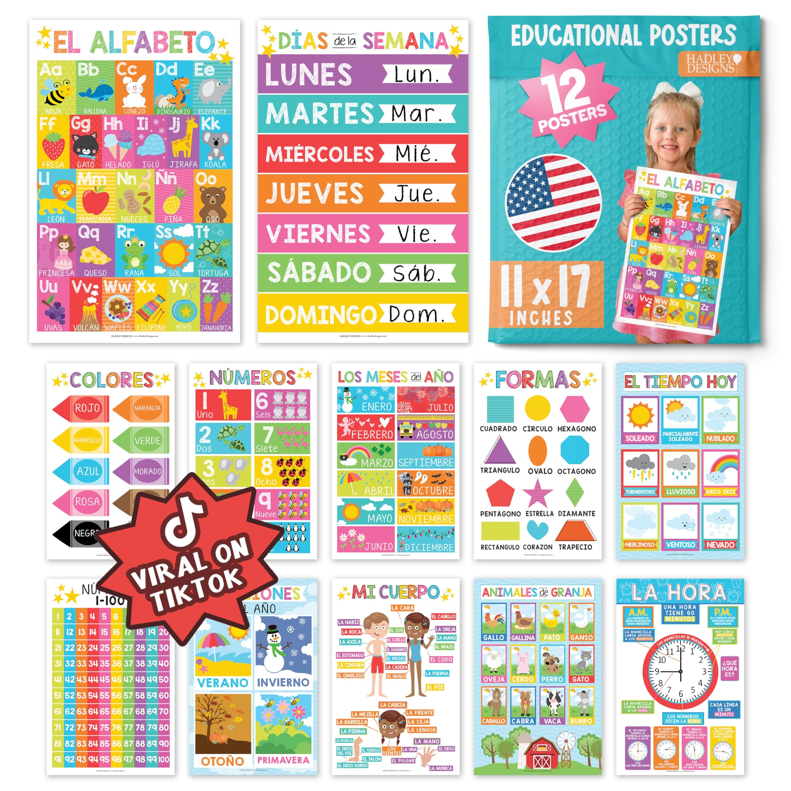 Hadley Designs Spanish Posters for Classroom - 12 Bilingual Educational Posters for Spanish Classroom Decorations Must Haves, Calendario y Alfabeto en Español Para la Pared, Colorful Teacher Supplies