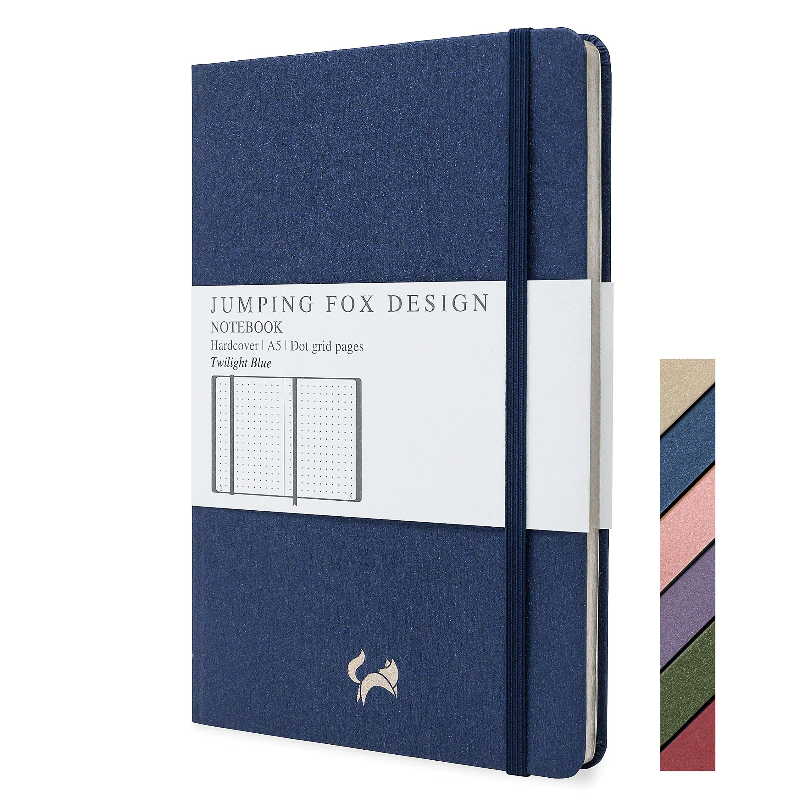 JUMPING FOX DESIGN Premium A5 Hardcover Dotted Journal Notebook, Medium 5.6 x 8.4 inches, 120gsm Thick Paper, Numbered Pages, Inner Pocket, Unique Leatherette, Twilight Blue