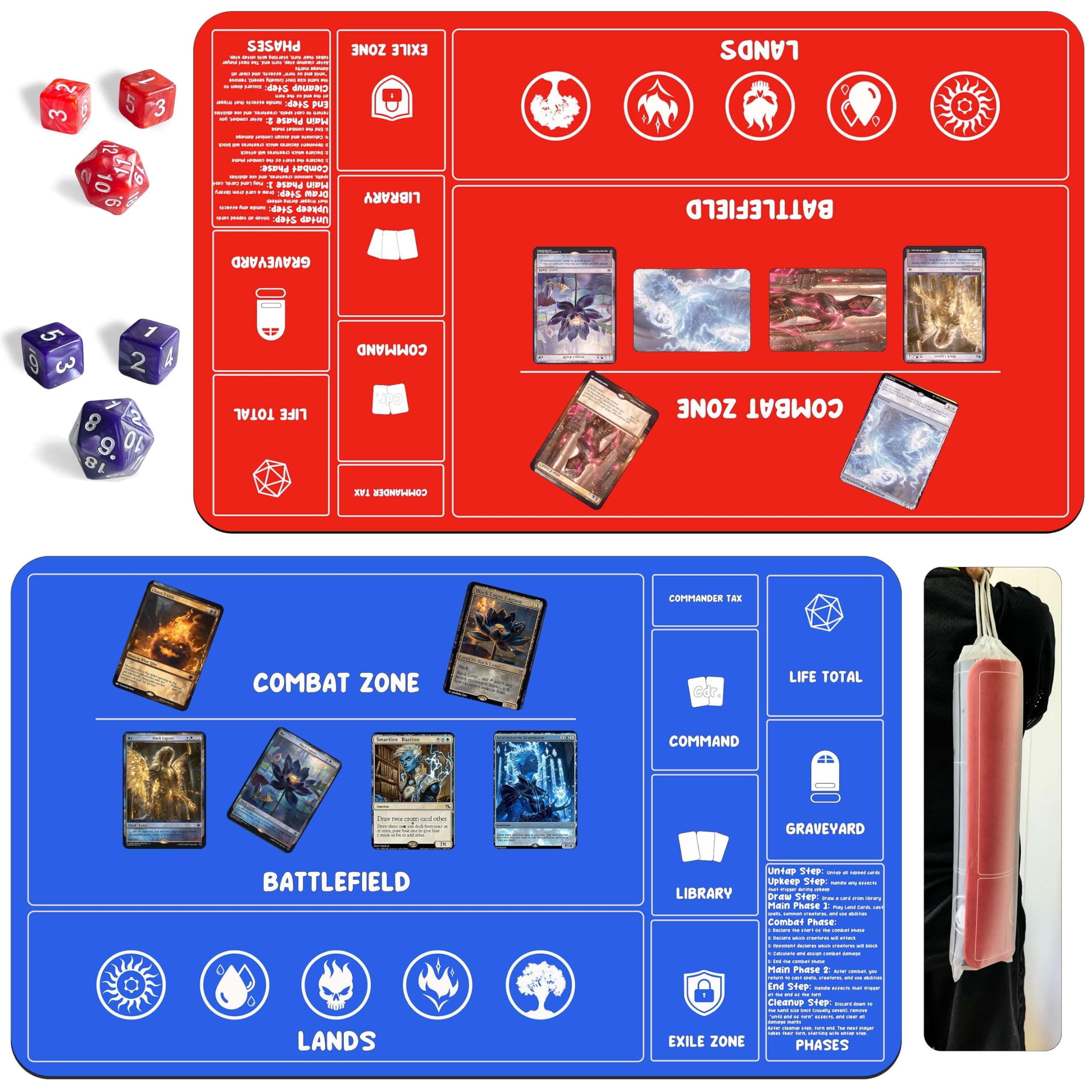 Card Game MTG Playmat for Beginner 2 Pack with Dices, Magic Mat Commander Deck Playmat for TCG MTG Accessories Play Mat 24x14 Inches Duel Card Battles, Red/Blue