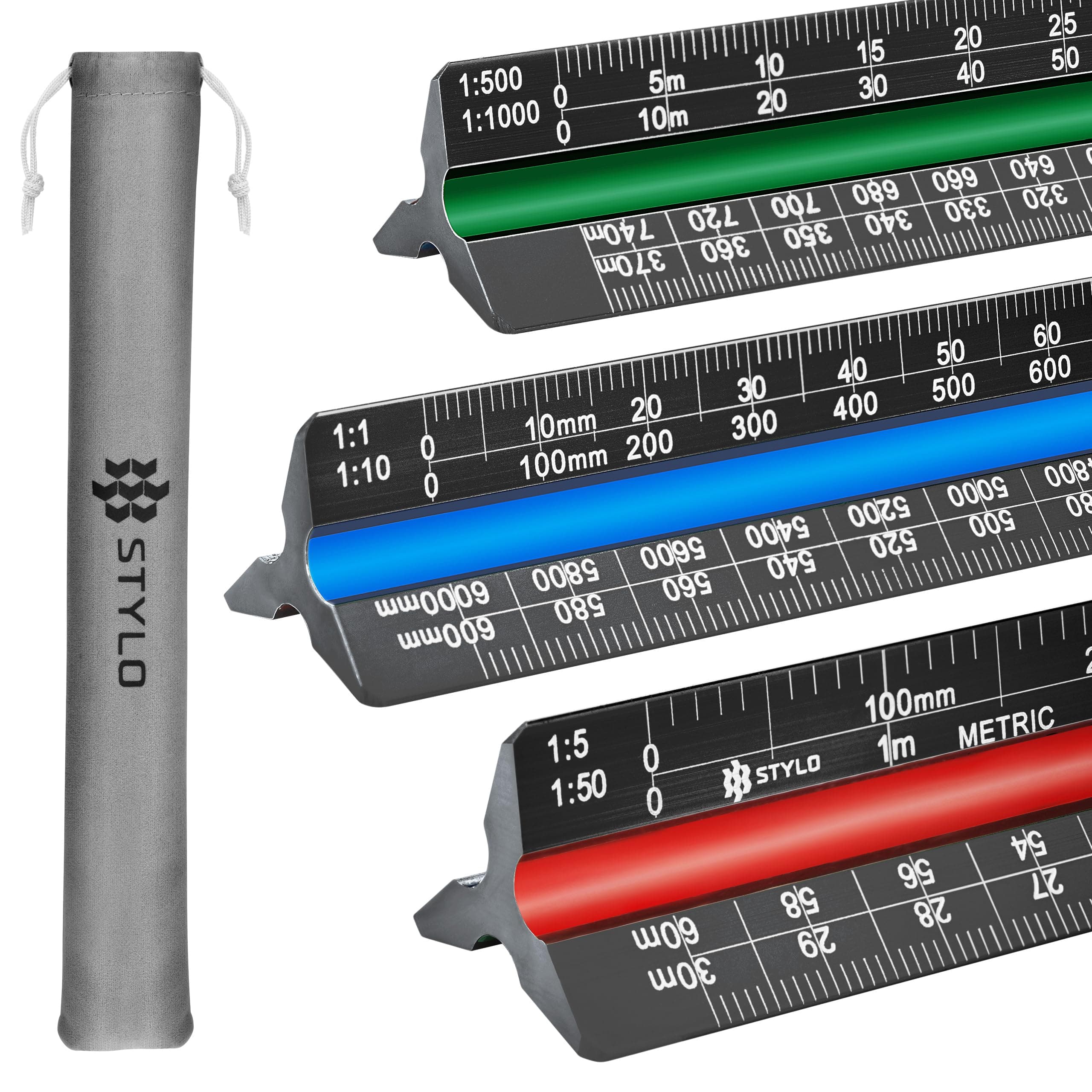 Stylo 12" Aluminum Architect Scale Ruler Laser Etched Triangle Drafting Ruler, Color Coded Grooves for Blueprint, Drafting and Drawing, Architectural Scale Ruler for Blueprints (Black, Metric Units)