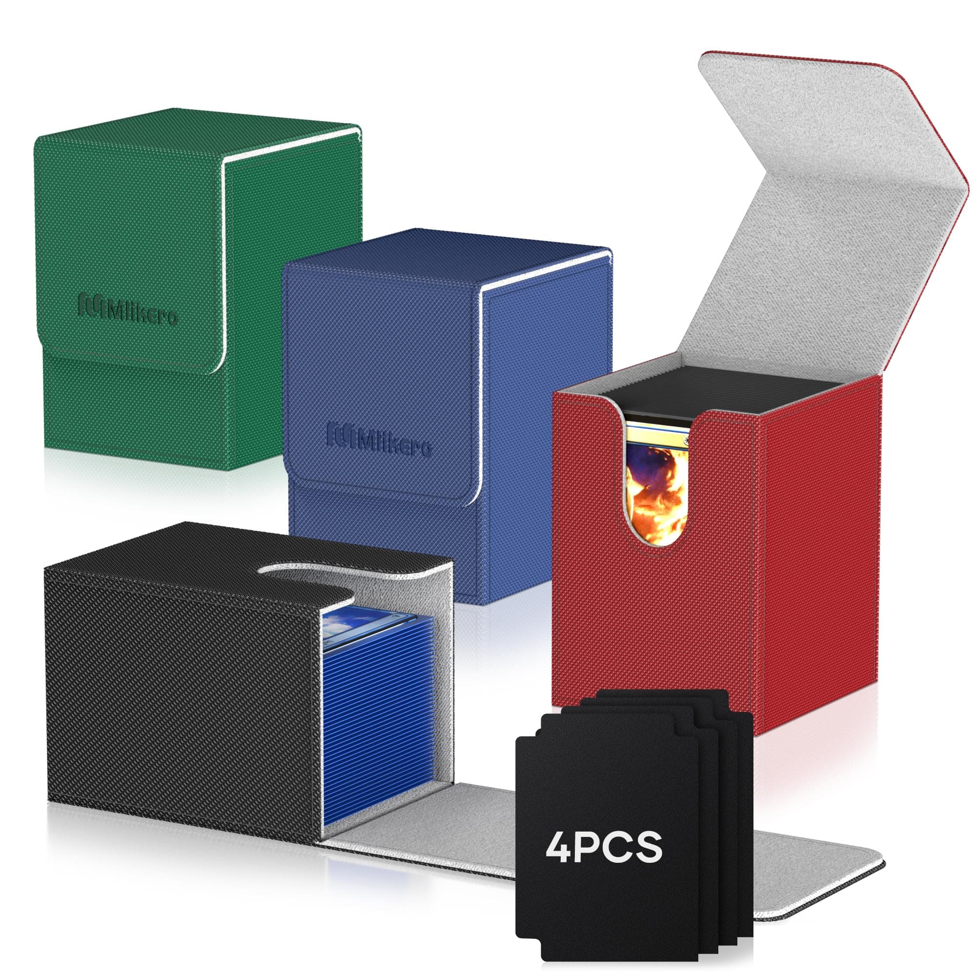 Mlikero 4 Pack Card Deck Box Large Size Fit for 100+Single Sleeved Cards with 4 Dividers, Trading Commander Deck Box Compatible with Mtg Card Deck,Premium Leather Deck Box for Trading Cards