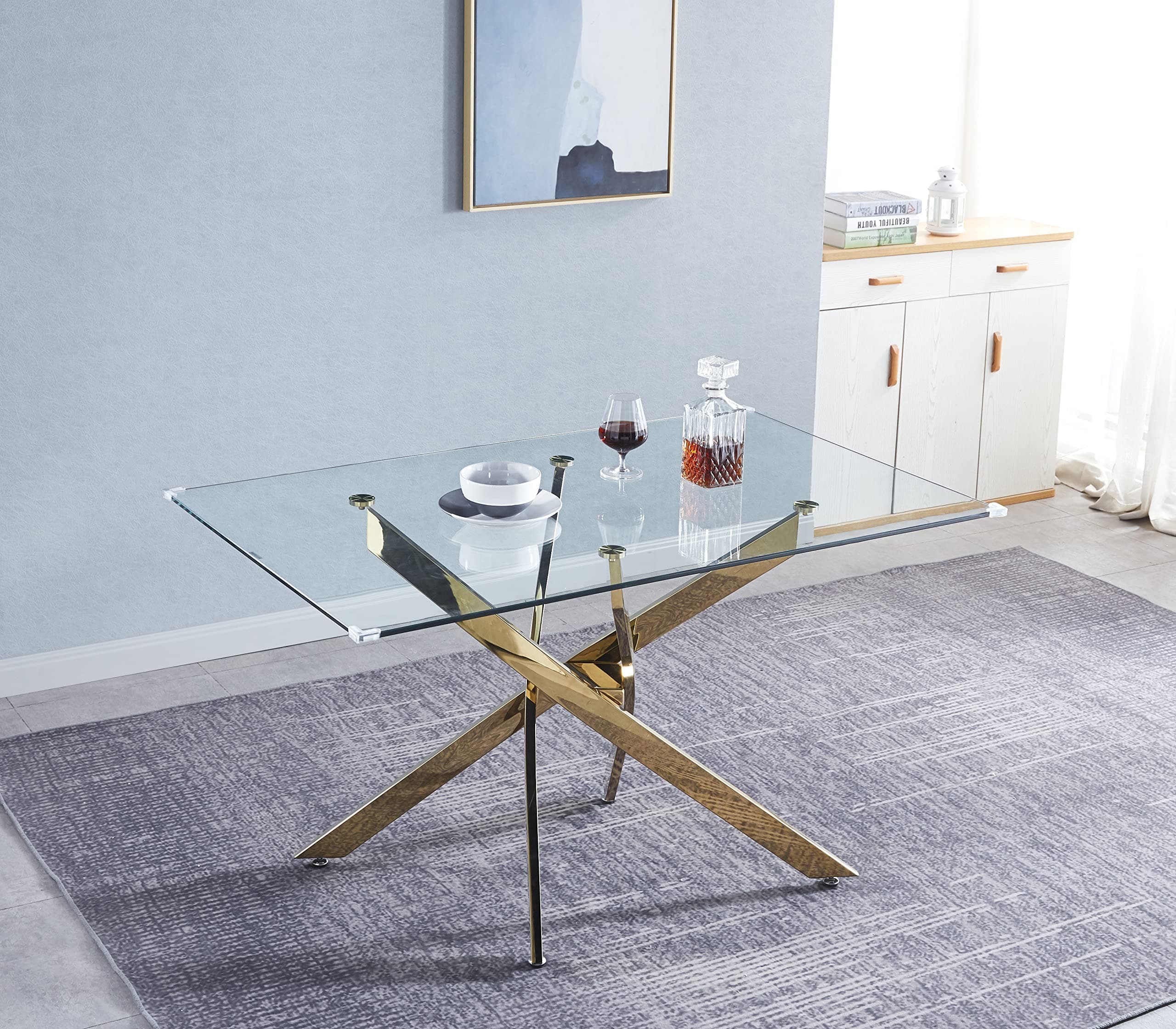 Modern Rectangular Glass Dining Table with Clear Tempered Glass Top & 4 Gold Chrome Legs, Ideal for Dining Room & Kitchen