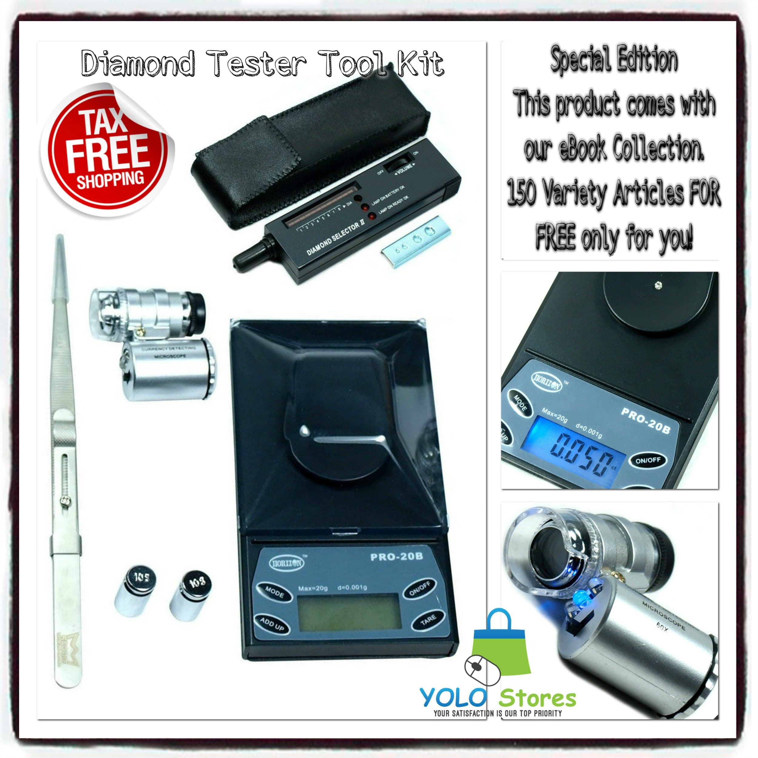 Diamond Tester Tool Kit, Stone and Metals Measuring, Digital Scale, Tester, Loop, Tweezers Black By YOLO Stores