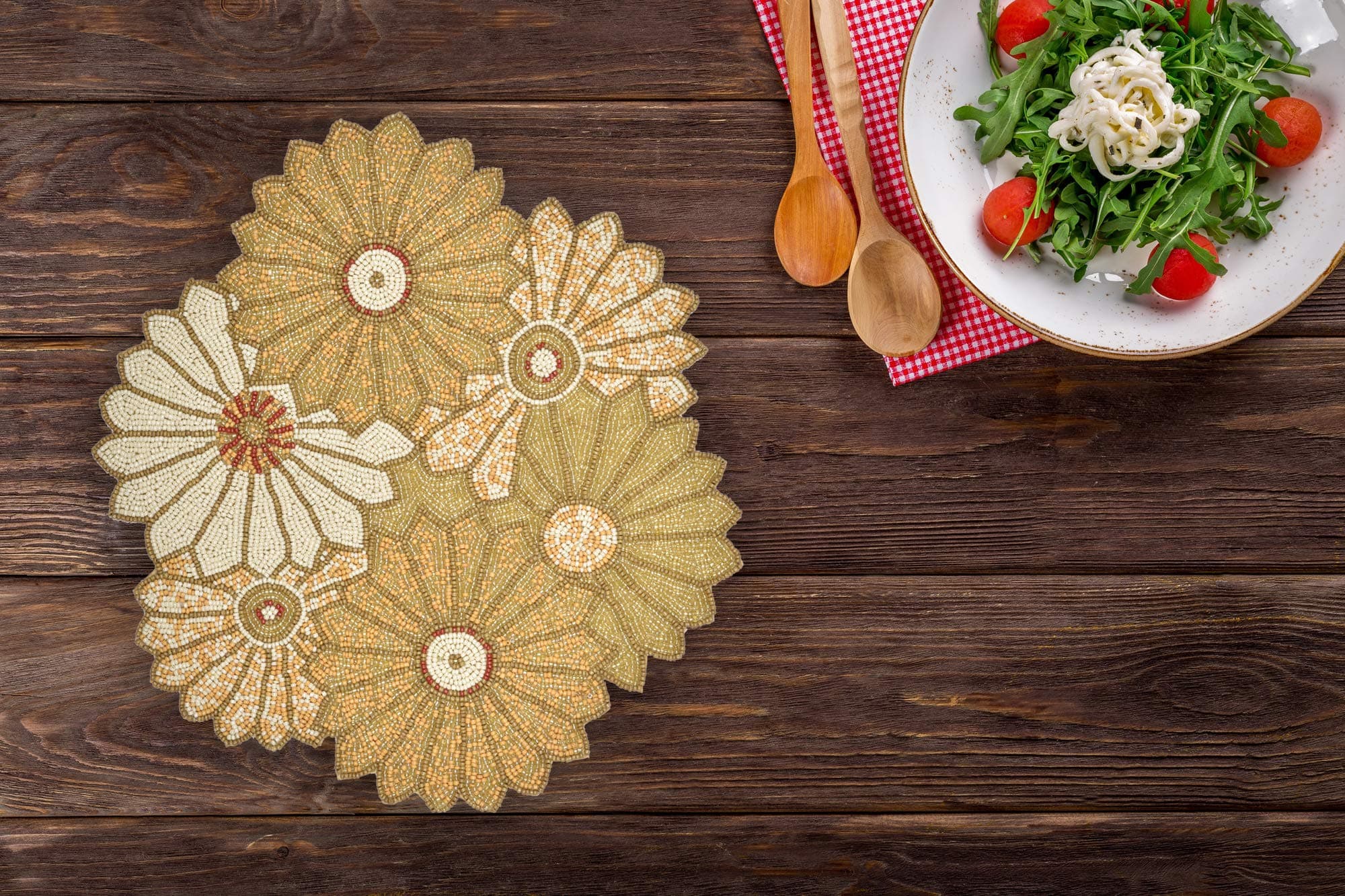 VDECORS Decorative Handmade Beaded Round Placemat/Runner Perfect for Table Dia 15 (38x38 cm) Yellow Rose Pack of 1