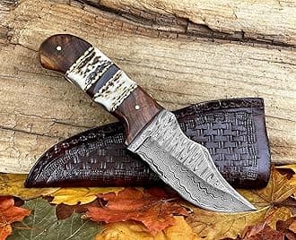 Personalized Stag Horn Handle Fixed Blade Damascus Hunting Knife w...