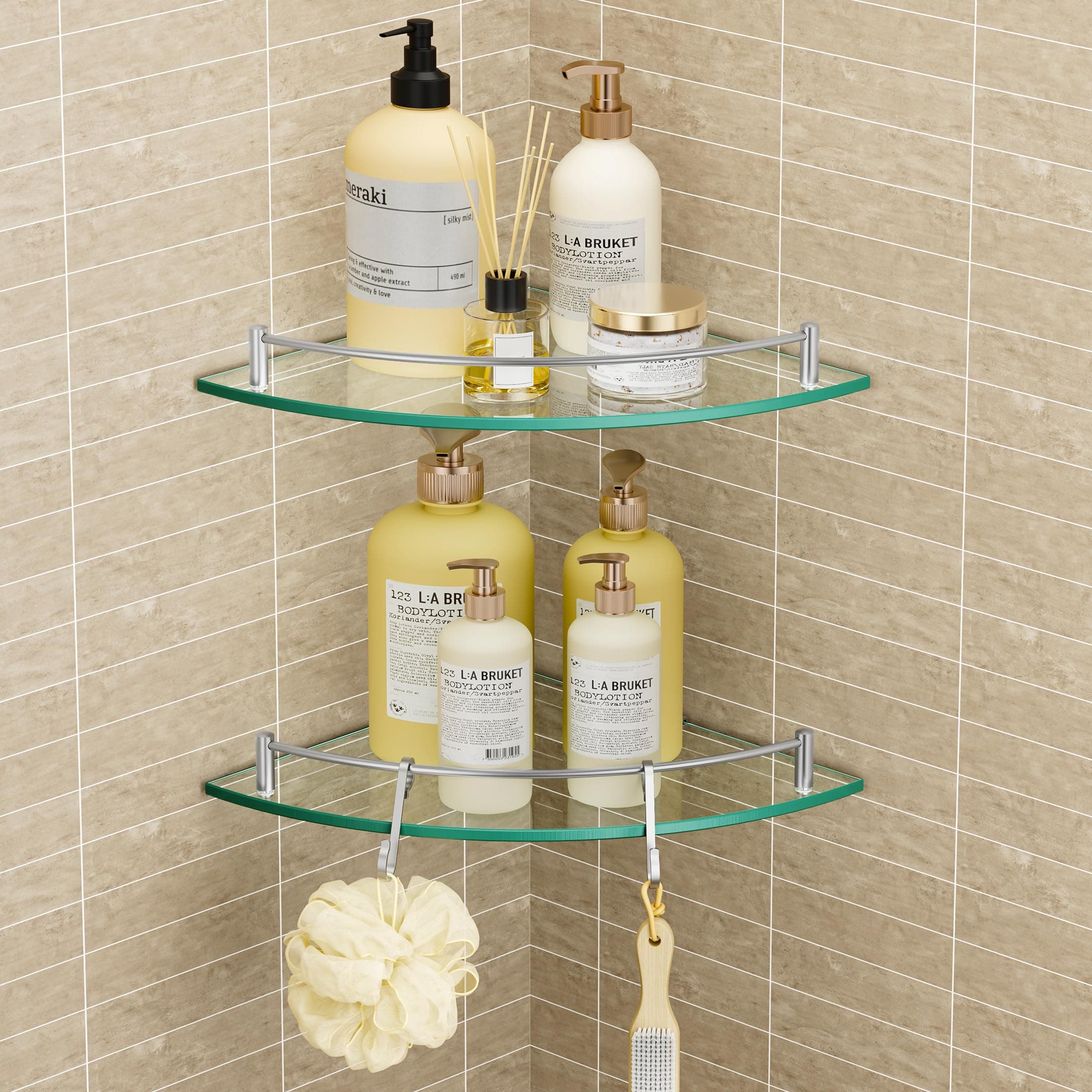 KES Glass Corner Shelf for Bathroom Corner Shelf 2 Pack Tempered Glass Shelf with Rail SUS 304 Stainless Steel Wall Mounted Brushed Finish, BGS2101A-2-P2