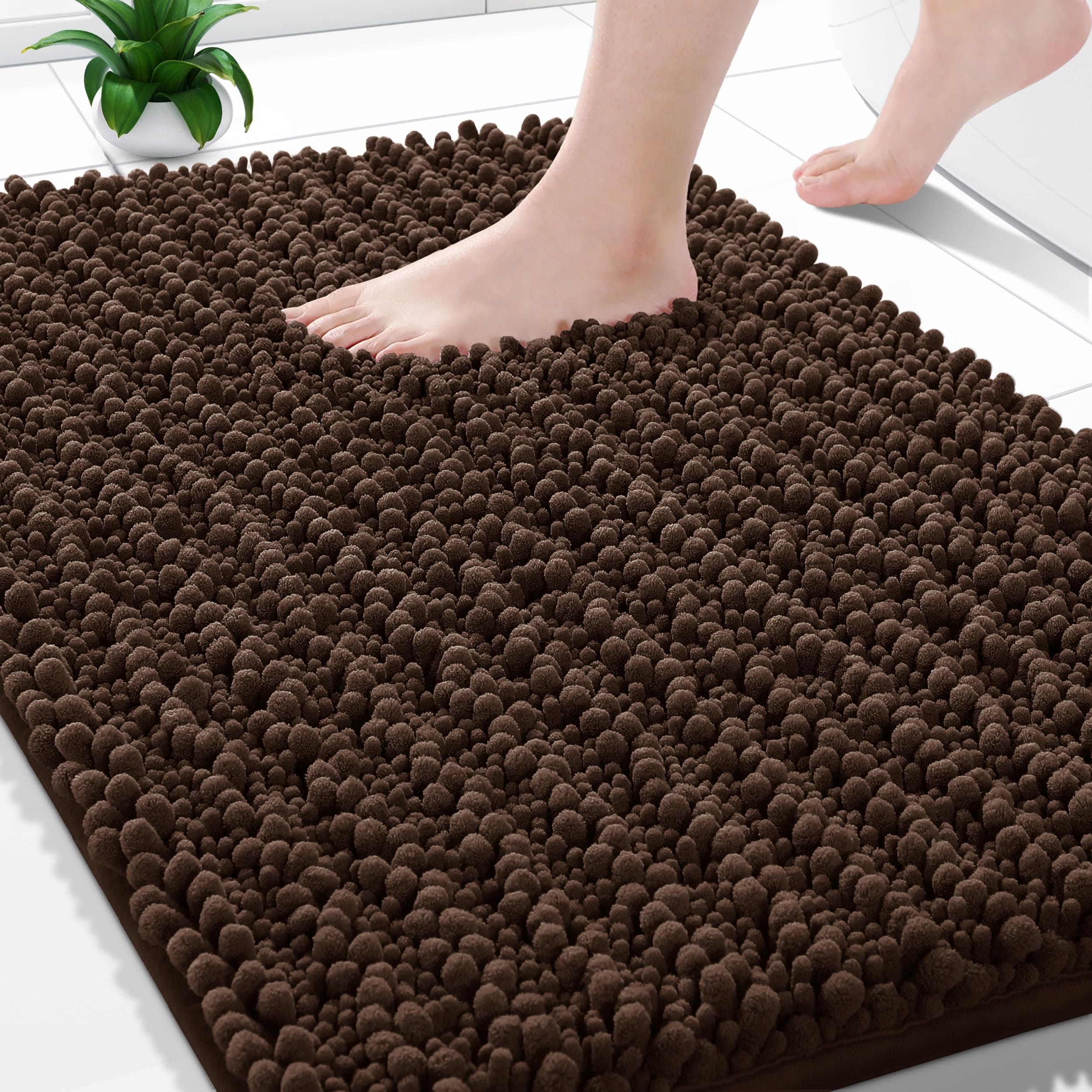 Yimobra Chenille Luxury Shaggy Rectangular Bath Mat,Soft And Cozy,Super Absorbent Water,Non-Slip,Machine-Washable,Thick Modern For Bathroom Bedroom(24 X 17 Inch,Brown)