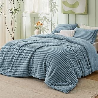 Bedsure Fluffy Comforter Set Queen - Super Soft Faux Fur Bed Set Mineral Blue, Warm Plush Fleece Winter Bedding, 3 Pieces, 1 Shaggy Fuzzy All Seasons Queen Size Comforter with 2 Pillowcases