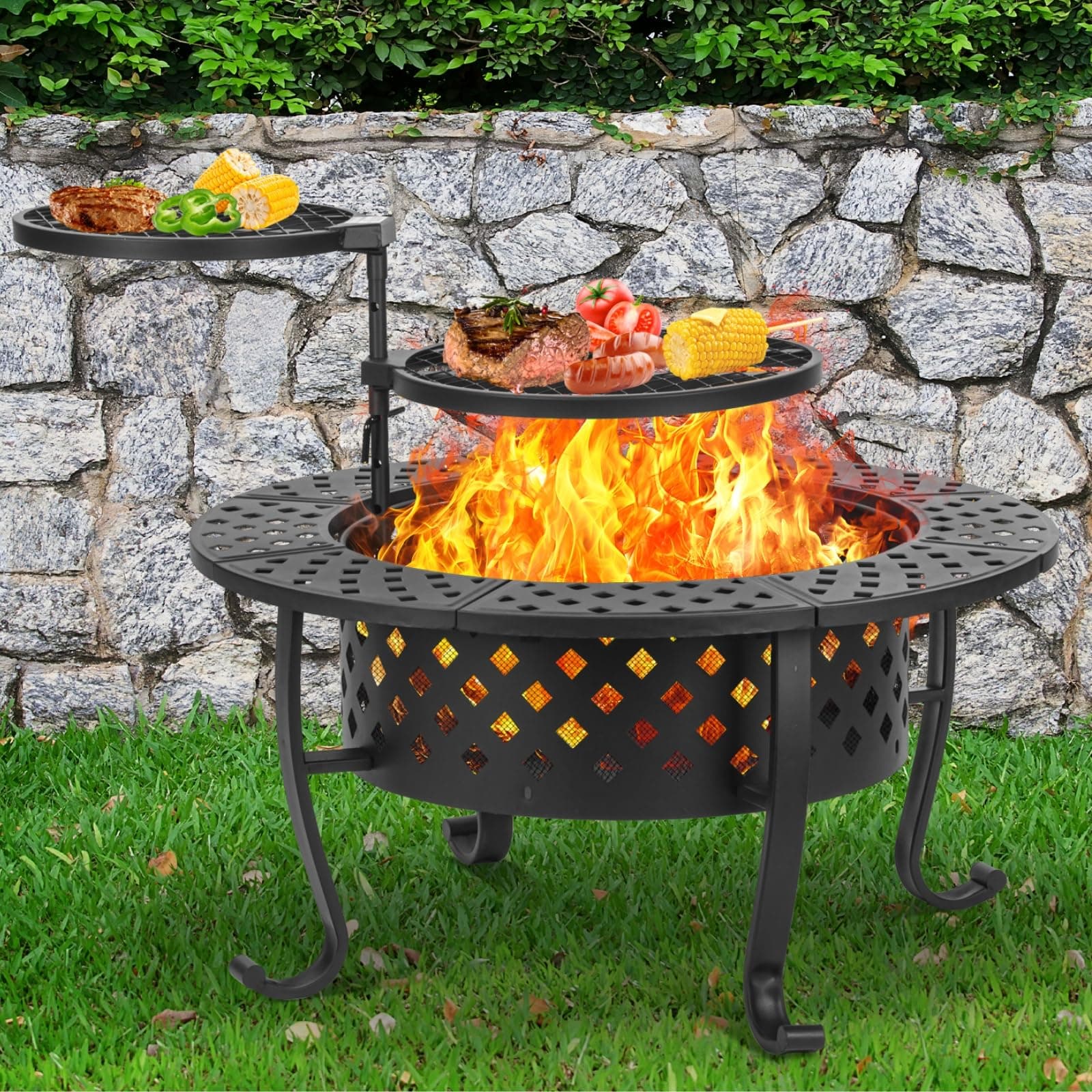 Panovue 36 Inch Fire Pit with 2 BBQ Grills, Wood Burning Fire Pits for Outside with Lid & Fire Poker, BBQ& Outdoor Firepit & Round Metal Table 3 in 1 for Patio, Picnic, Party