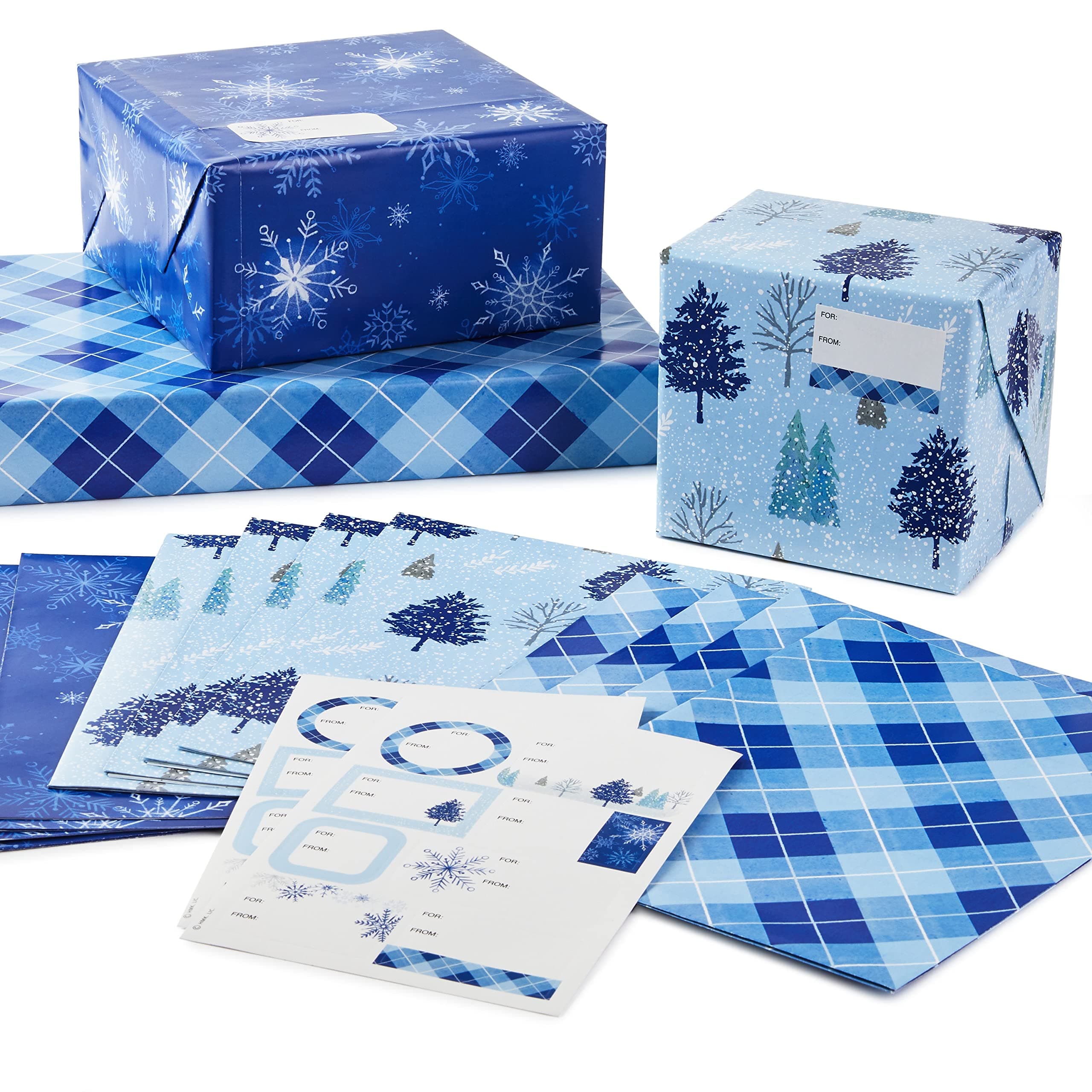 Recyclable Flat Wrapping Paper Sheets with Cutlines on Reverse (12 Folded Sheets with Sticker Gift Tags) Winter Blue Plaid, Trees, Navy Blue, Light Blue, White, Gray (0005EW 1016)