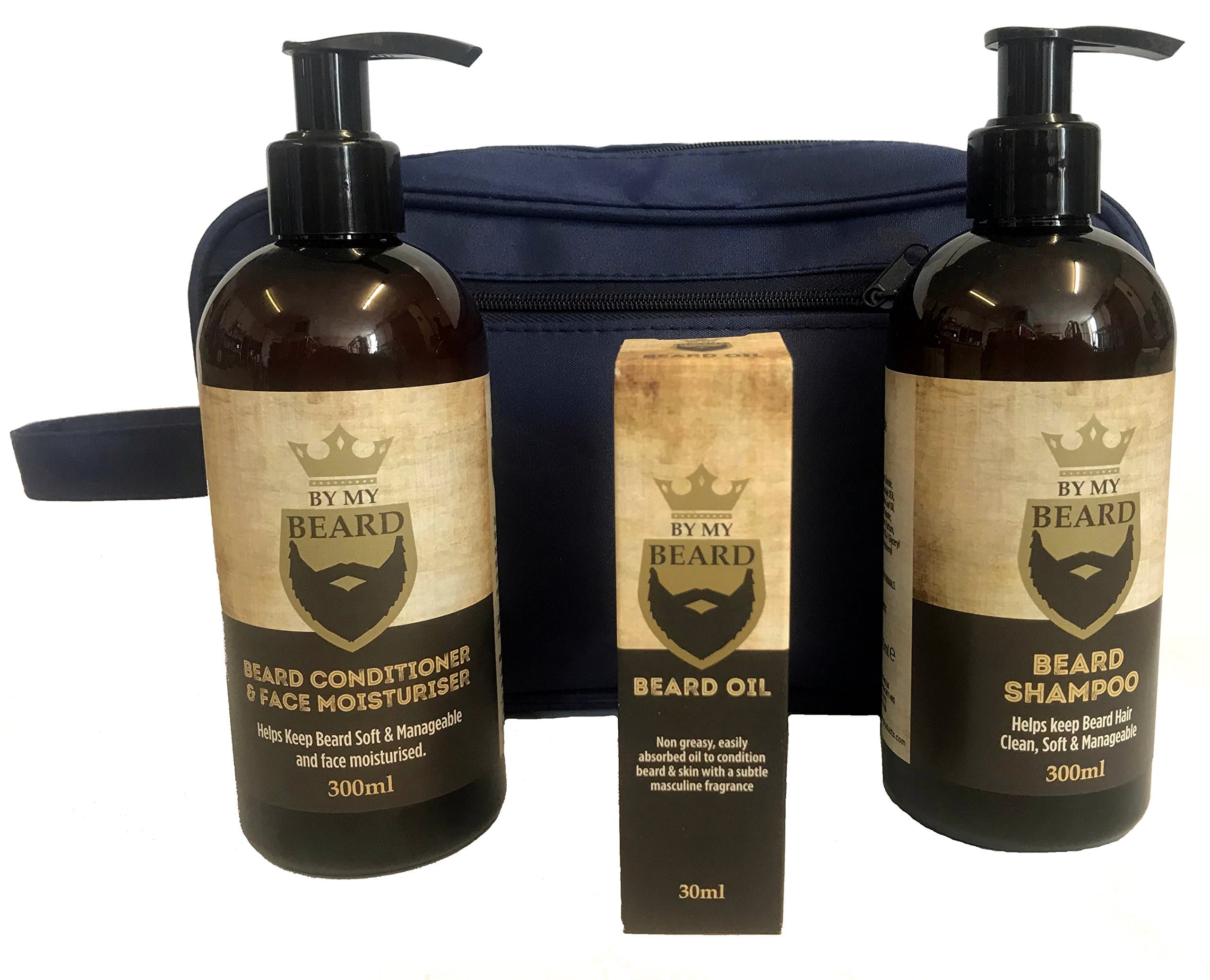 Beard Care Kit - Beard Shampoo 300ml, Beard & face Conditioner 300ml, Beard Oil 30ml & Mens Toiletry bag, Vegan Friendly Products, Not Tested on Animals