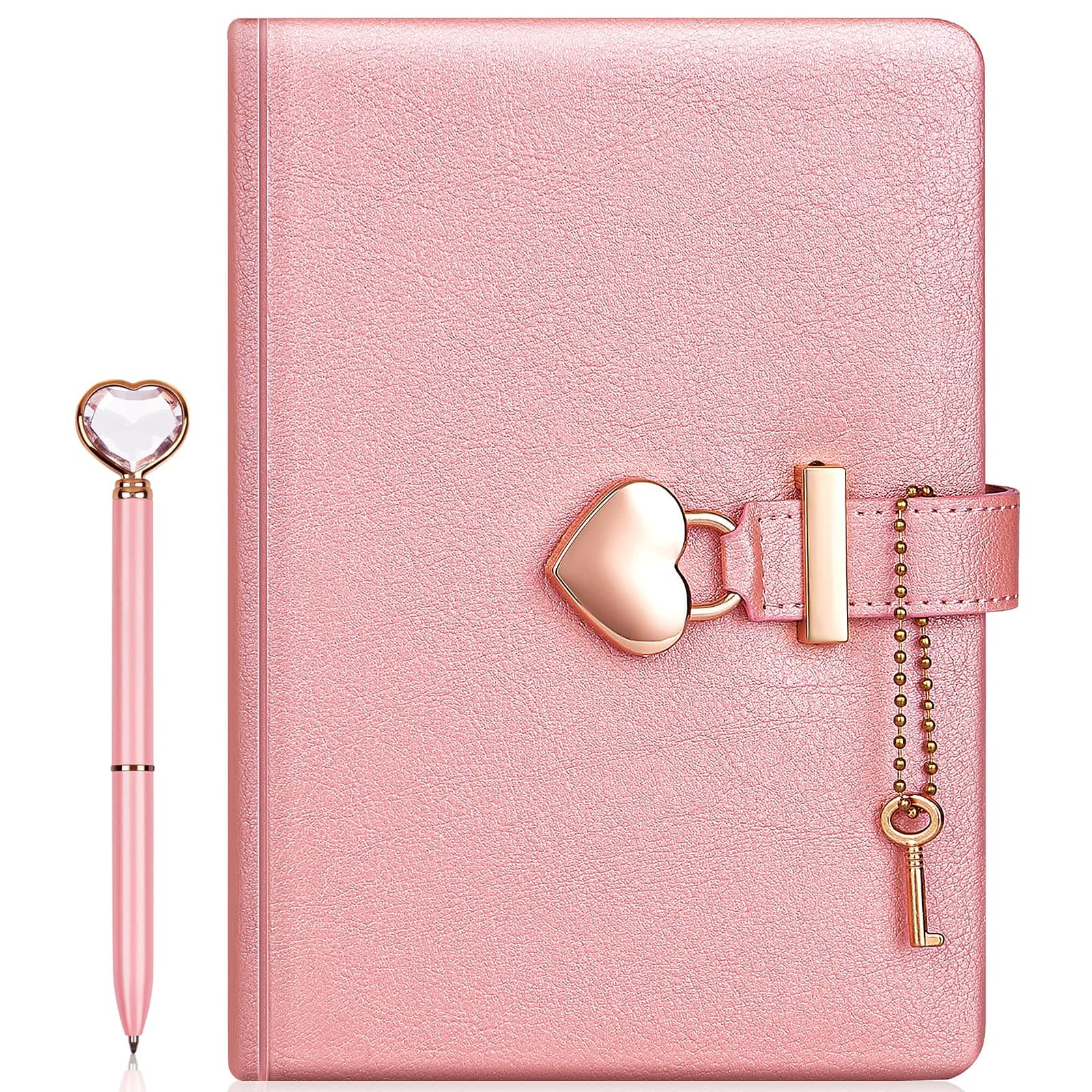 Heart Shaped Lock Diary with Key + Heart Diamond Pen Set for Girls PU Leather Cover Journal Personal Planner Organizers Secret Notebook for Women (Pearl Pink, B6(18 * 13.5CM))