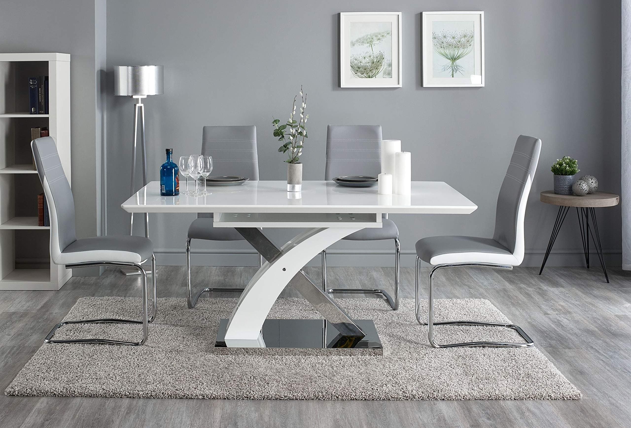 Pescara Dining Table Set and 4/6/8 Upholstered Padded Grey and White Faux Leather Chairs by FURNITUREONE® (Table &6 Chairs)