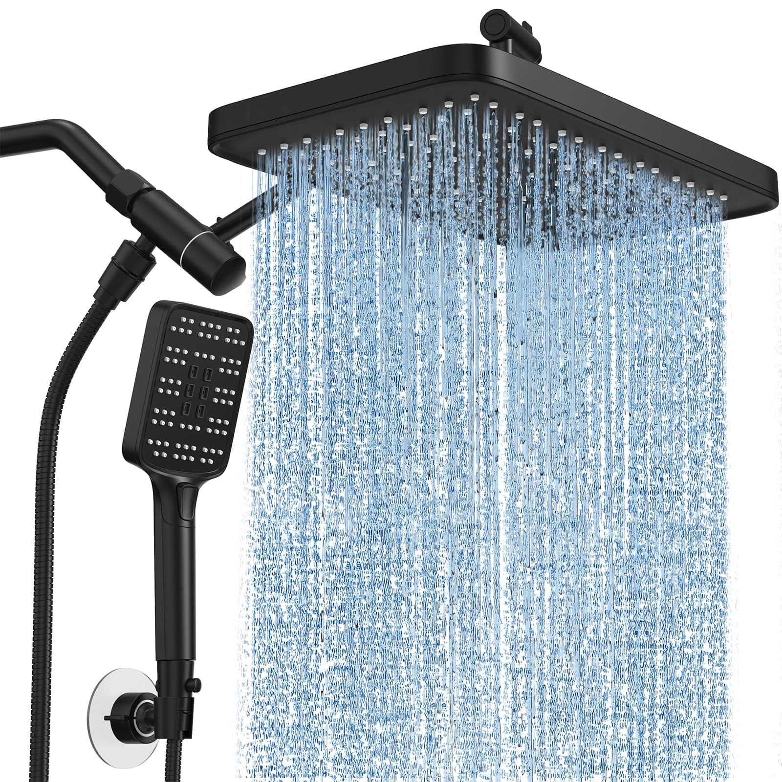 Rain Shower Head with Handheld Spray Combo Set, Adjustable 12" Rainfall Dual Shower Head, Double&Tandem Shower Head, Waterfall Showerhead Bathroom -Matte Black