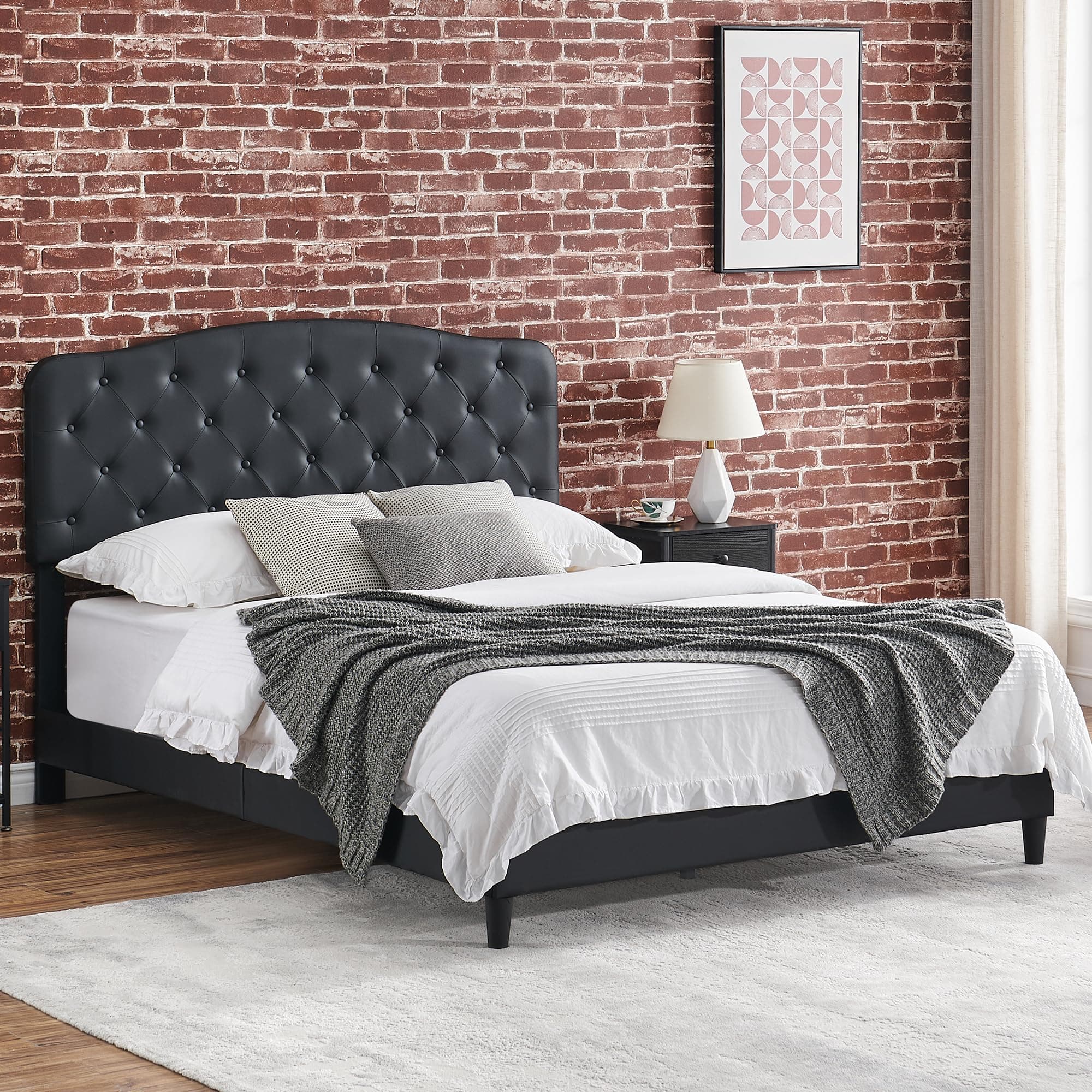 IDEALHOUES Queen Bed Frame with Headboard Adjustable, Leather Platform Bed Upholstered Queen Size, Button Tufted Mattress Foundation, Wooden Slat Support, No Box Spring Needed, Black
