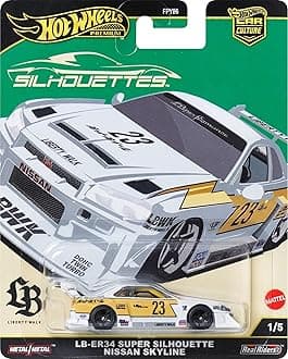 Premium Car Culture Collectible Toy Car, 1:64 Scale Die-Cast LB-ER34 Super Silhouette Nissan Skyline, Silhouettes Vehicle with Real Riders Tires 1/5