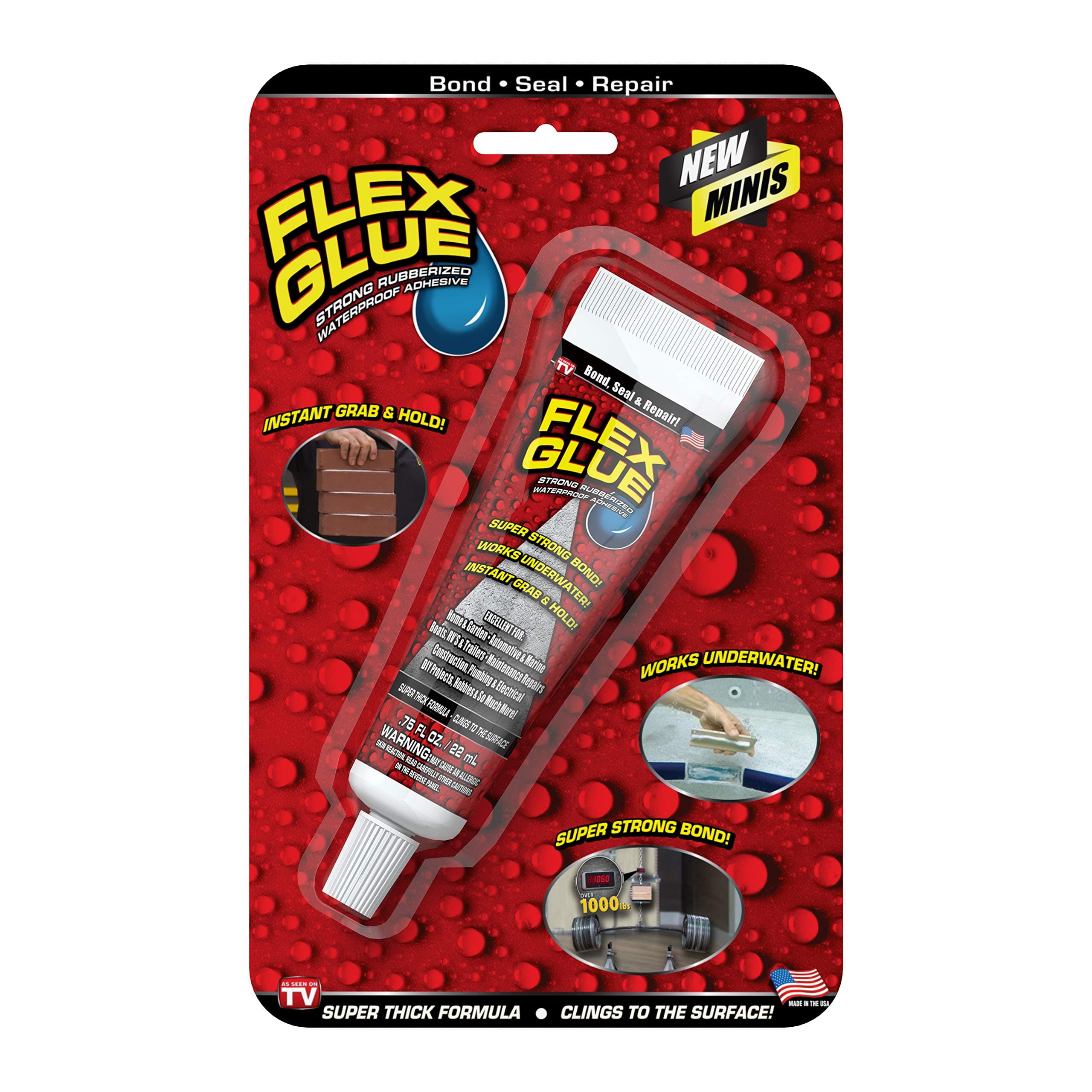 Flex Glue, Mini, White, Super Strong, Rubberized Waterproof Adhesive, Works Underwater, Use On Pools, Showers, Outdoors, Concrete, Brick, Pavers, Masonry, and UV Resistant, 0.75 fl oz