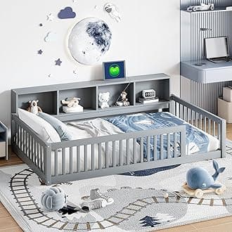 Kids Montessori Floor Bed with Bookcase,Twin XL Size Floor Bed with Charging Station,Floor Bed Frame with Guardrails for Kids,Floor Bed Twin XL with Storage for Girls,Boys,Gray