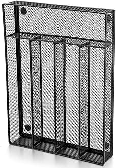 E-far Kitchen Drawer Organizer, Mesh Wire Utensil Tray Drawer Organizer, Black Narrow Metal Silverware Flatware Cutlery Holder/Divider with Foam Feet, 5 Compartment & Small Size - 12.5 x 9.25-Inch