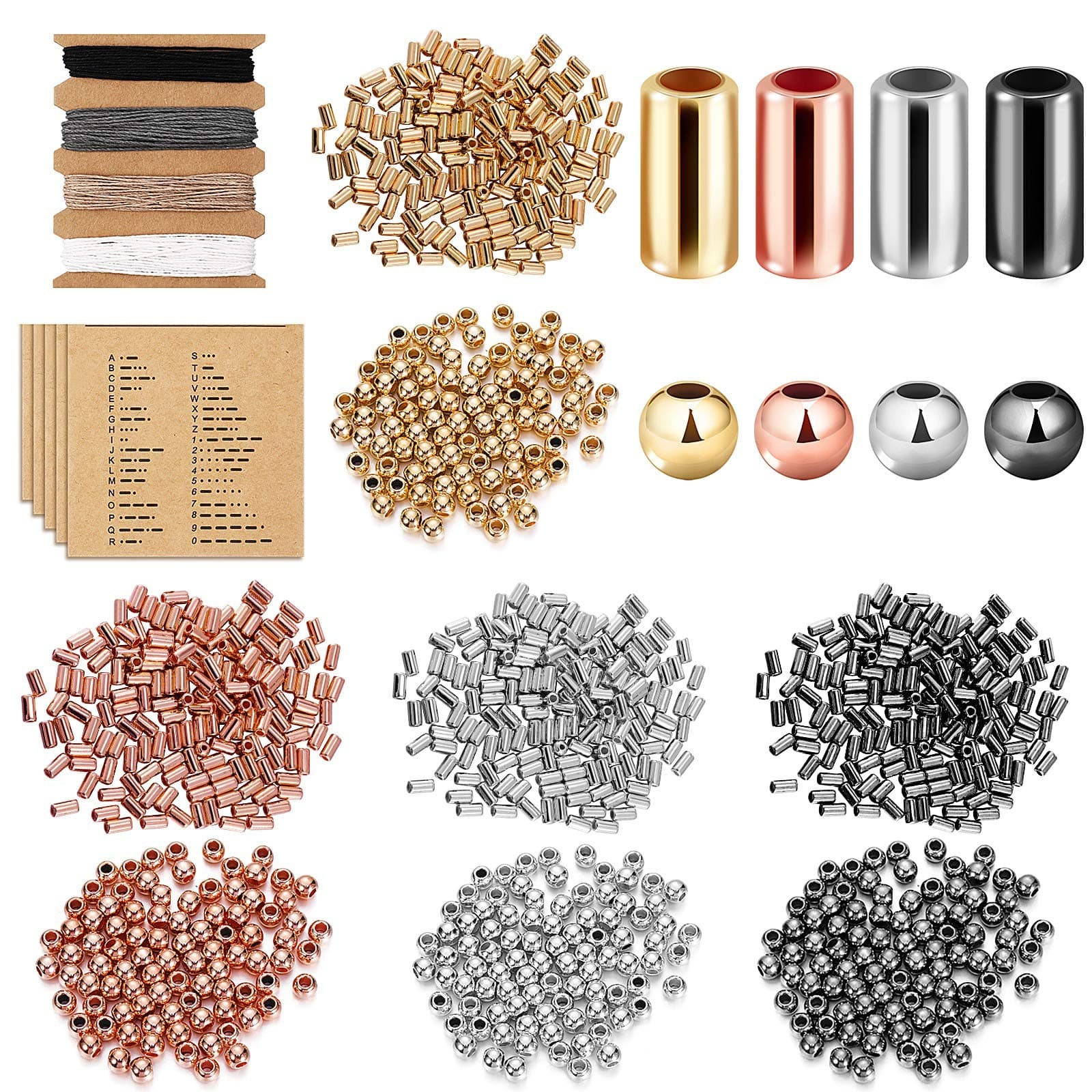 Hicarer DIY Morse Code Bracelet Making Kit, Round Spacer Beads and Long Tube Spacer Beads Handmade Adjustable Bracelets Necklaces Morse Code Decoding Card and Twine Cord Set for Jewelry Making