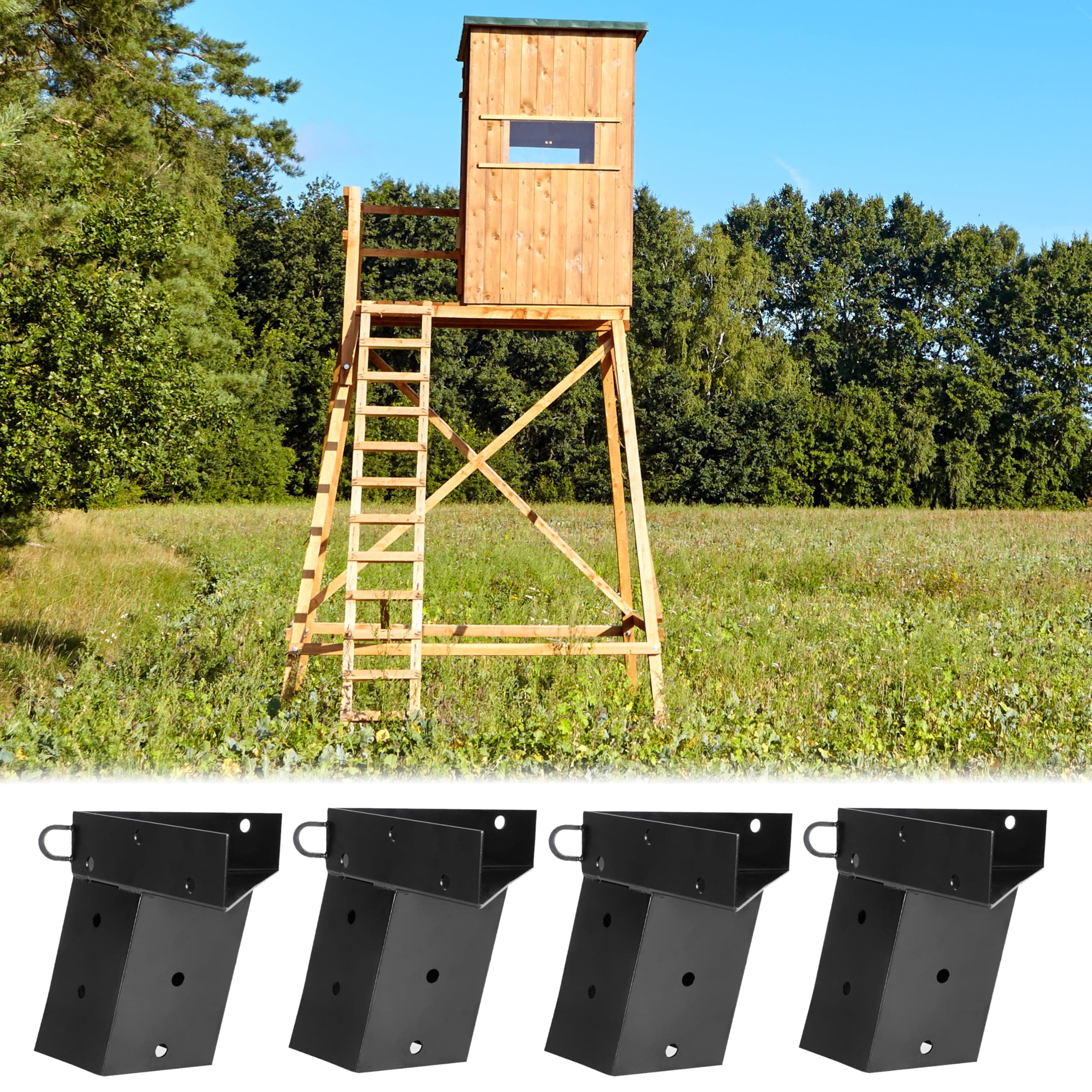 Deer Stand Brackets, 4x4 Inch Black Powder Coated Steel Tree Bracket for Outdoor Hunting Platform, Elevated Deer Blinds, Tower Stands, Box Blinds, 4 Pack Includes Accessories