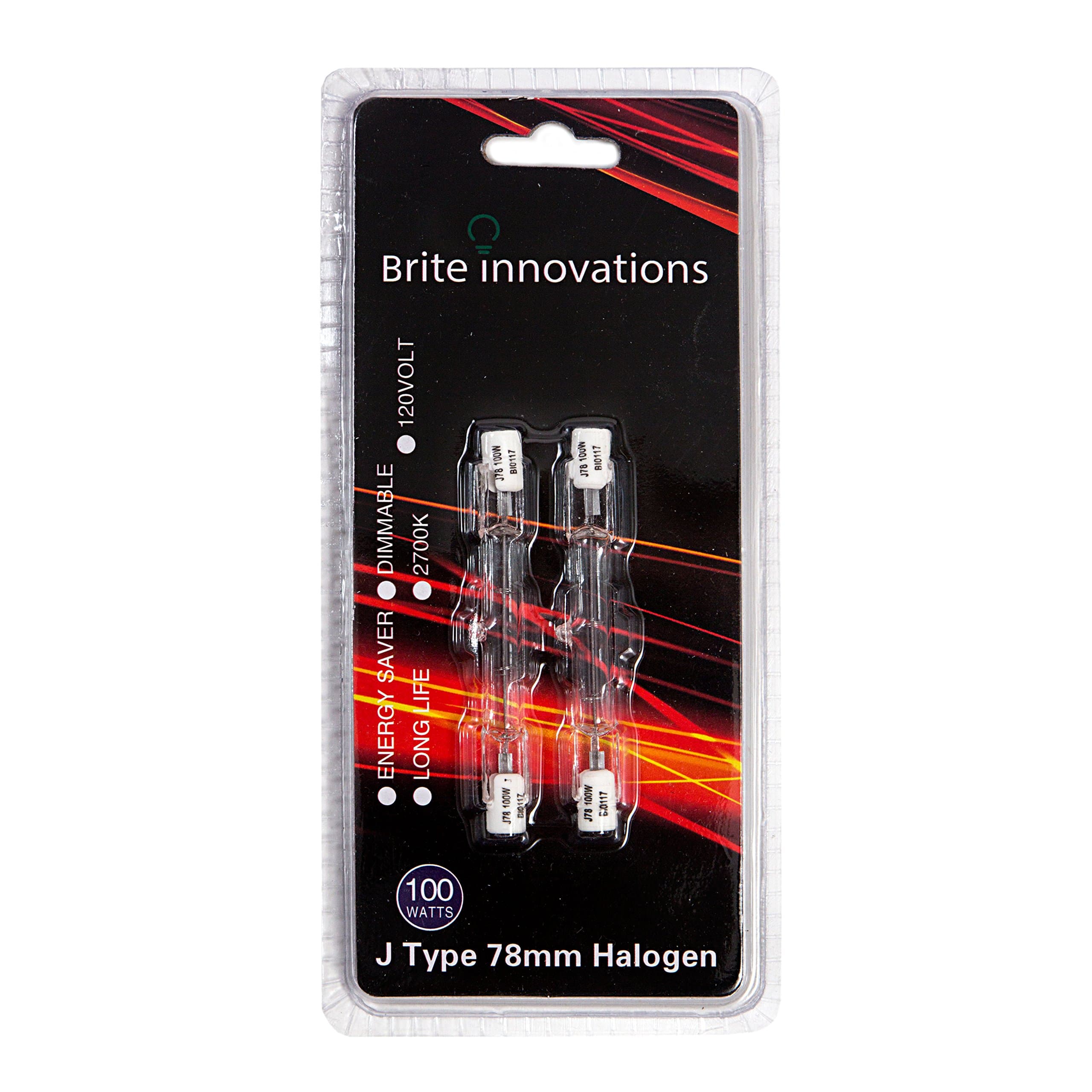 Double Ended J Type Halogen Bulbs - 78mm, 100 Watts, 120 Volts, 2700K Warm White Light – Dimmable, Energy Saver, Long Life – 2 Pack – by Brite Innovations