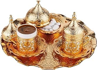 2024 Turkish Greek Arabic Coffee Serving Set with Cups, Saucers, Cup Holders, Lids, Sugar Bowl & Lid and Tray, 11 Pcs (Gold)