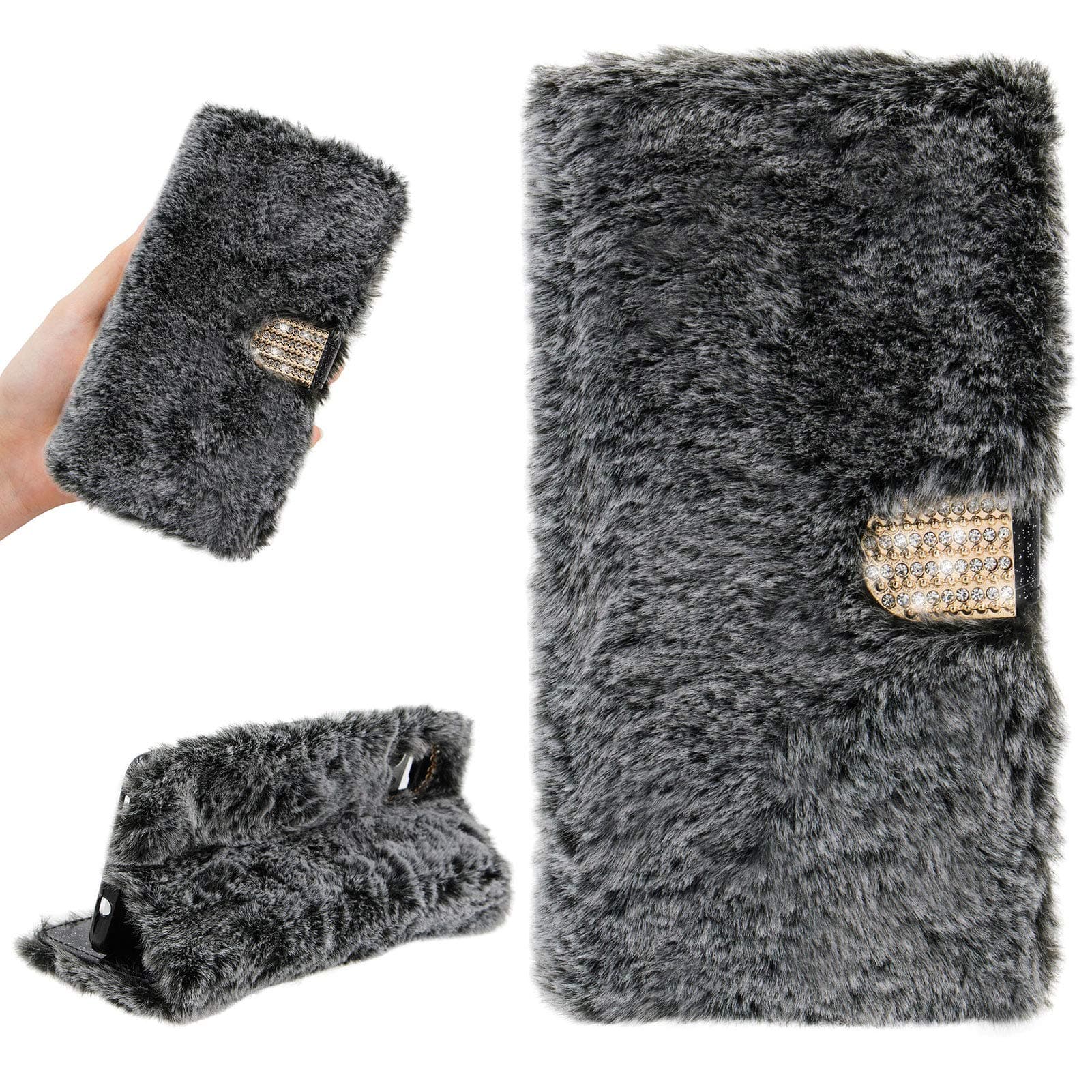 Girlyard Plush Wallet Case for iPhone SE 2020 / iPhone 8 / iPhone 7, Fluffy Soft Faux Fur Bling Diamond Buckle PU Leather Flip Stand Cover with Card Holder Cute Furry Phone Case for Women - Dark Gray