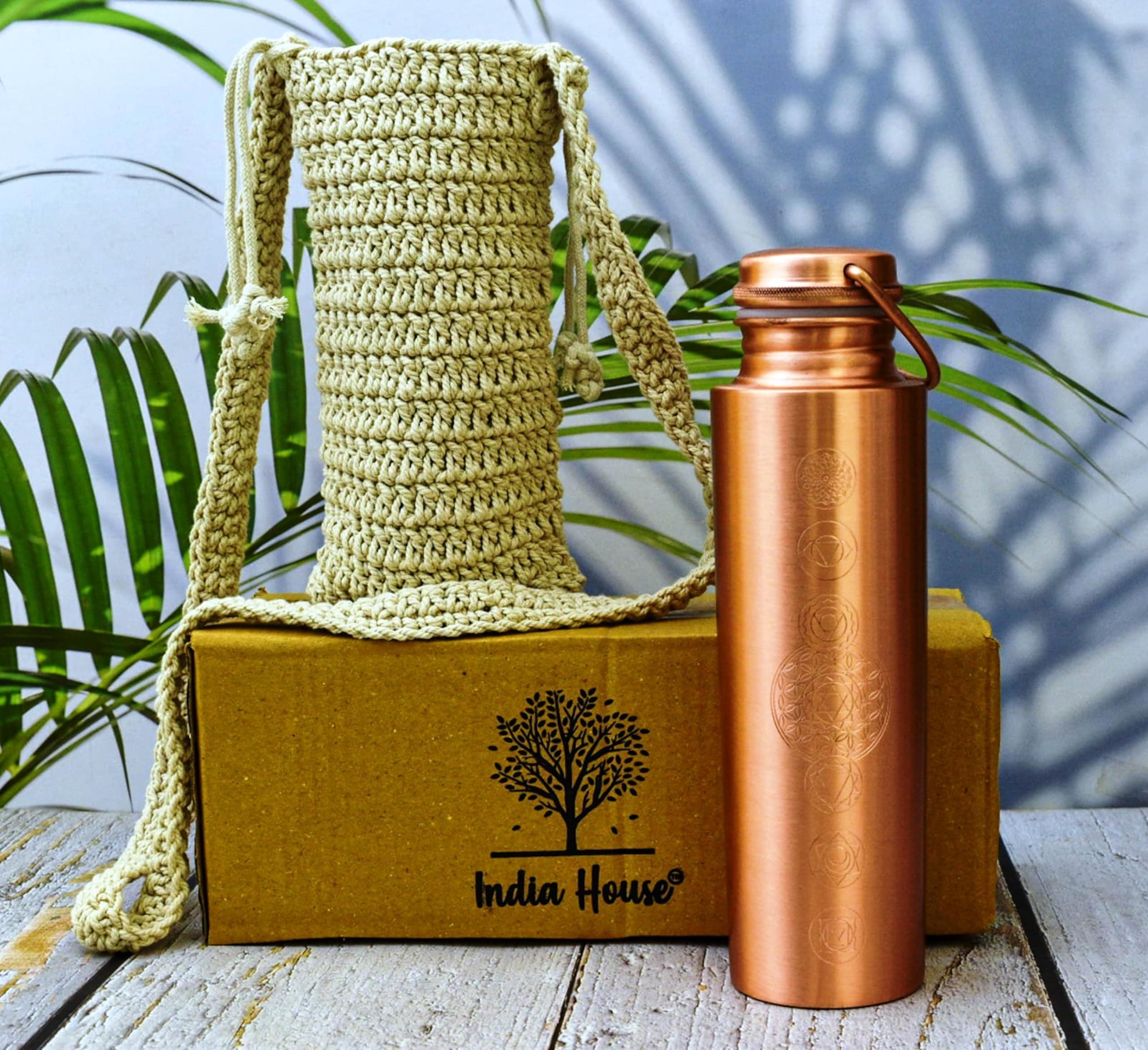 Copper Bottle 7 Chakra 100% Pure Copper and carry bag/Water Bottle/1000ml/Meditation/Gym/Yoga from India (Matt finishing)