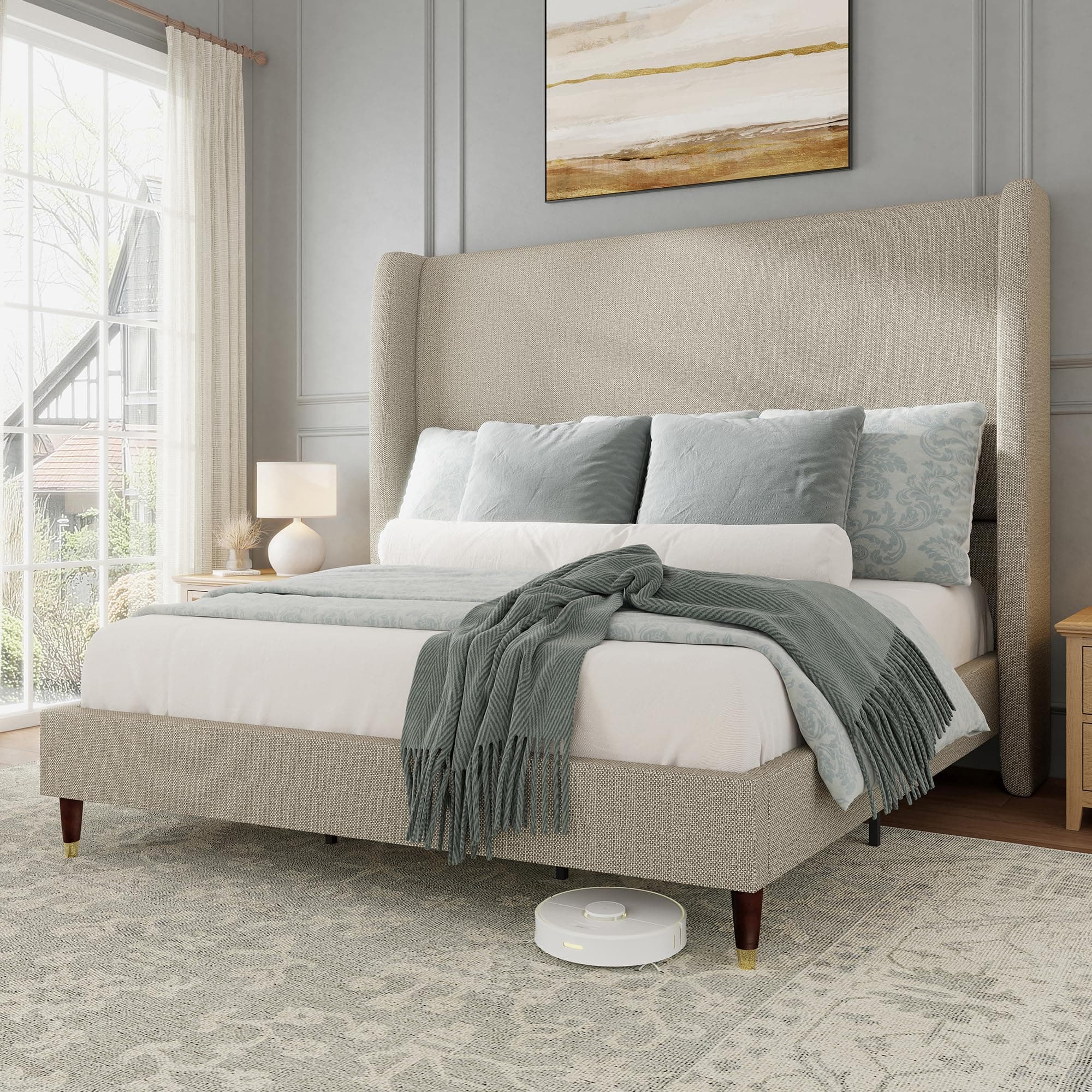 Jocisland King Size Bed Frame 51.2" Wingback Headboard Linen Upholstered Platform Bed with Solid Wood Legs & Wooden Slats, No Box Spring Needed, Modern Minimalist Style, Easy Assembly, Brown