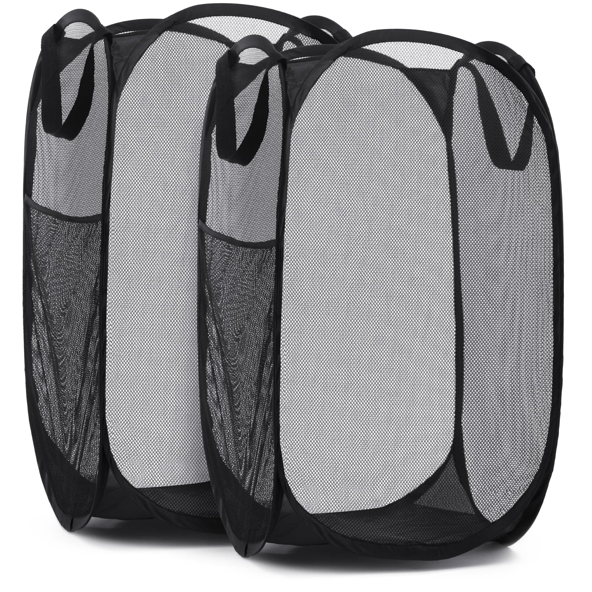 Handy Laundry Collapsible Mesh Pop Up Hamper with Wide Opening and Side Pocket - Breathable, Sturdy, Foldable, and Space-Saving Design for Clothes and Storage (Black | 2-Pack)