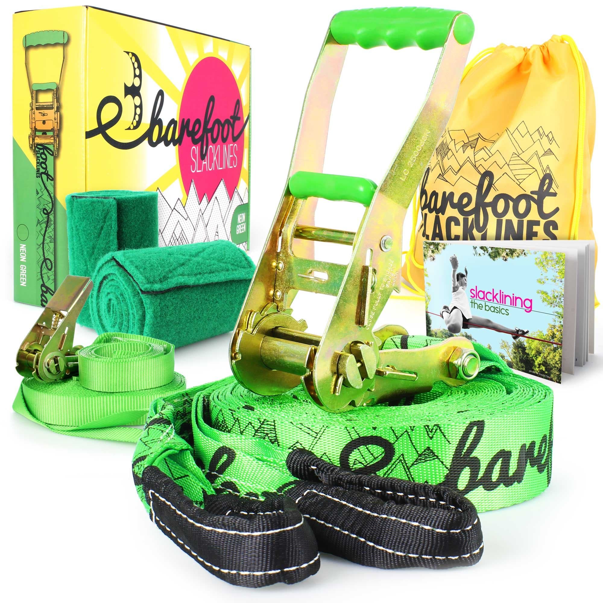 Barefoot Slackline Kit 60ft (18m) Complete Set Including, Ratchet, Training Line, Bark Protectors & Instructions! Designed for Both Kids & Adults - 3 Colors Available (Neon Green)