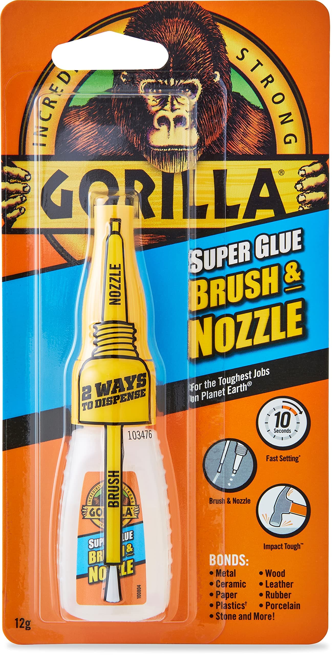 Gorilla Super Glue 2-in-1 Brush & Nozzle, 12g – All Purpose, Fast Setting, Dual Application with Anti-Clog Cap | Ideal for Metal, Ceramics, Leather & More