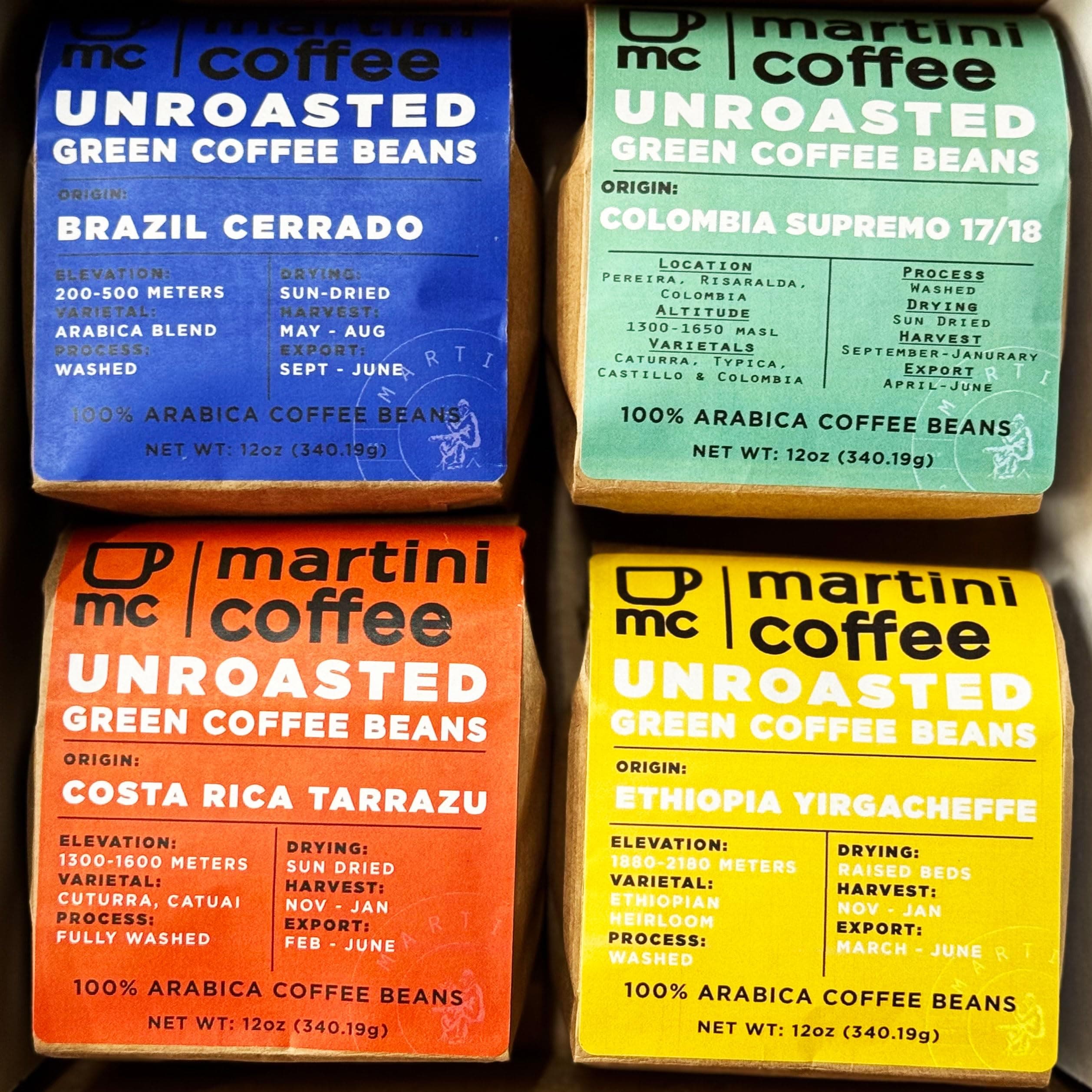 Martini Coffee Roasters - Green Coffee Beans Sampler Pack, Includes 4 Unique Single Origin Unroasted Coffee Bean Varieties for Coffee Roasting