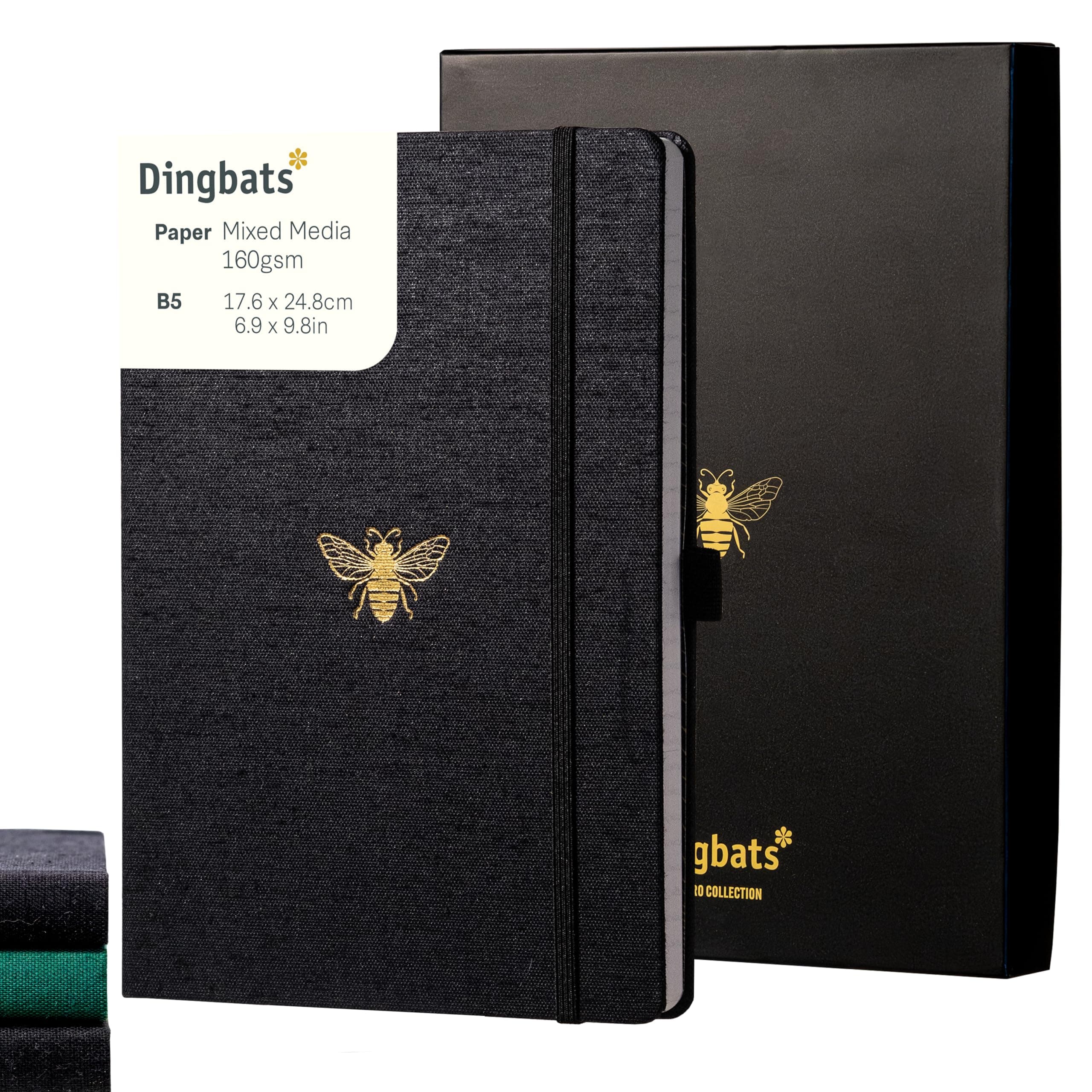 Dingbats* - Pro B5 Lined Large Notebook with Gift Box - Black Textile Cover, Thread-Bound Journal - Pocket, Elastic Closure, Pen Holder, Bookmark