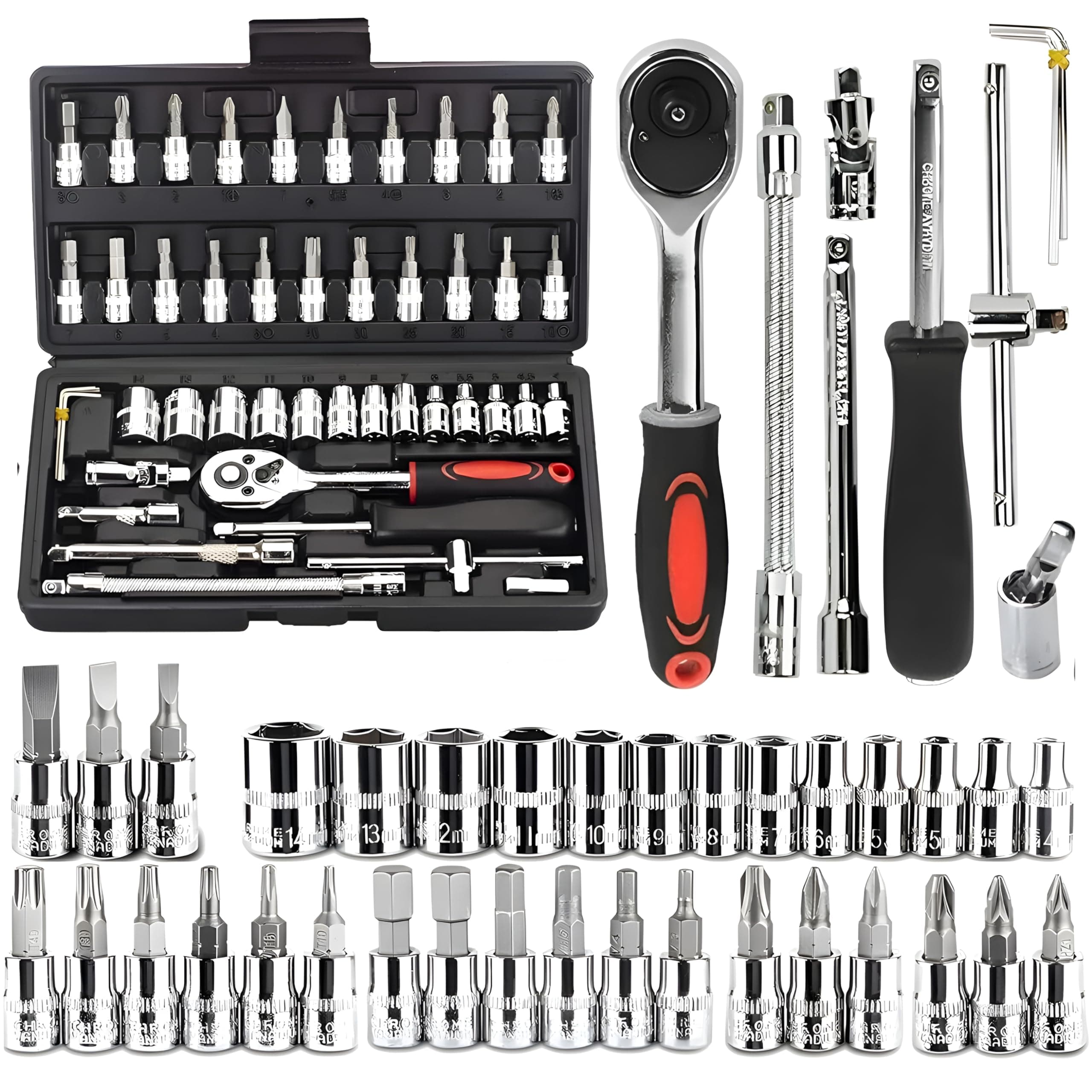 - Chrome Vanadium Steel 46 in 1 Hand Tool Kit - Multi-Purpose Combination Wrench Set With Precision Socket Set