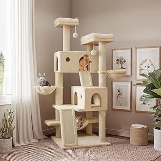 SHA CERLIN 65in Larger Cat Tree Tower Condo for Indoor Kitties/Multi-Level Furniture Activity Center with Wide Base/Cozy Plush Cat Perches/Baskets/Sisal Scratching Posts and Hammock/Beige