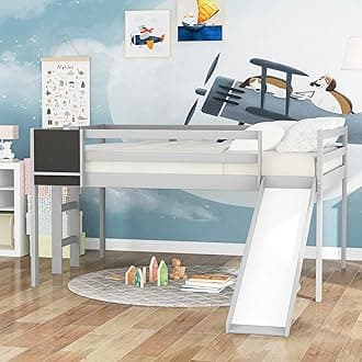 GLCHQ Multifunctional Design Solid Wood Full Kids Loft Bed with Slide for Boys & Girls Bedroom (Gray-Full Size)