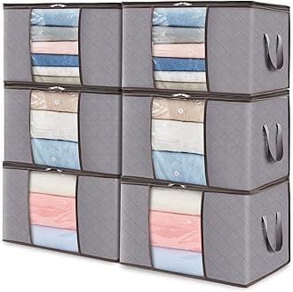 Lifewit 6 Packs Clothes Storage Bag, Storage Bins for Clothes, Blankets, Comforters, Foldable Clothing Storage with Reinforced Handle, Sturdy Zipper, Closet Organizer With Clear Window, Light Grey