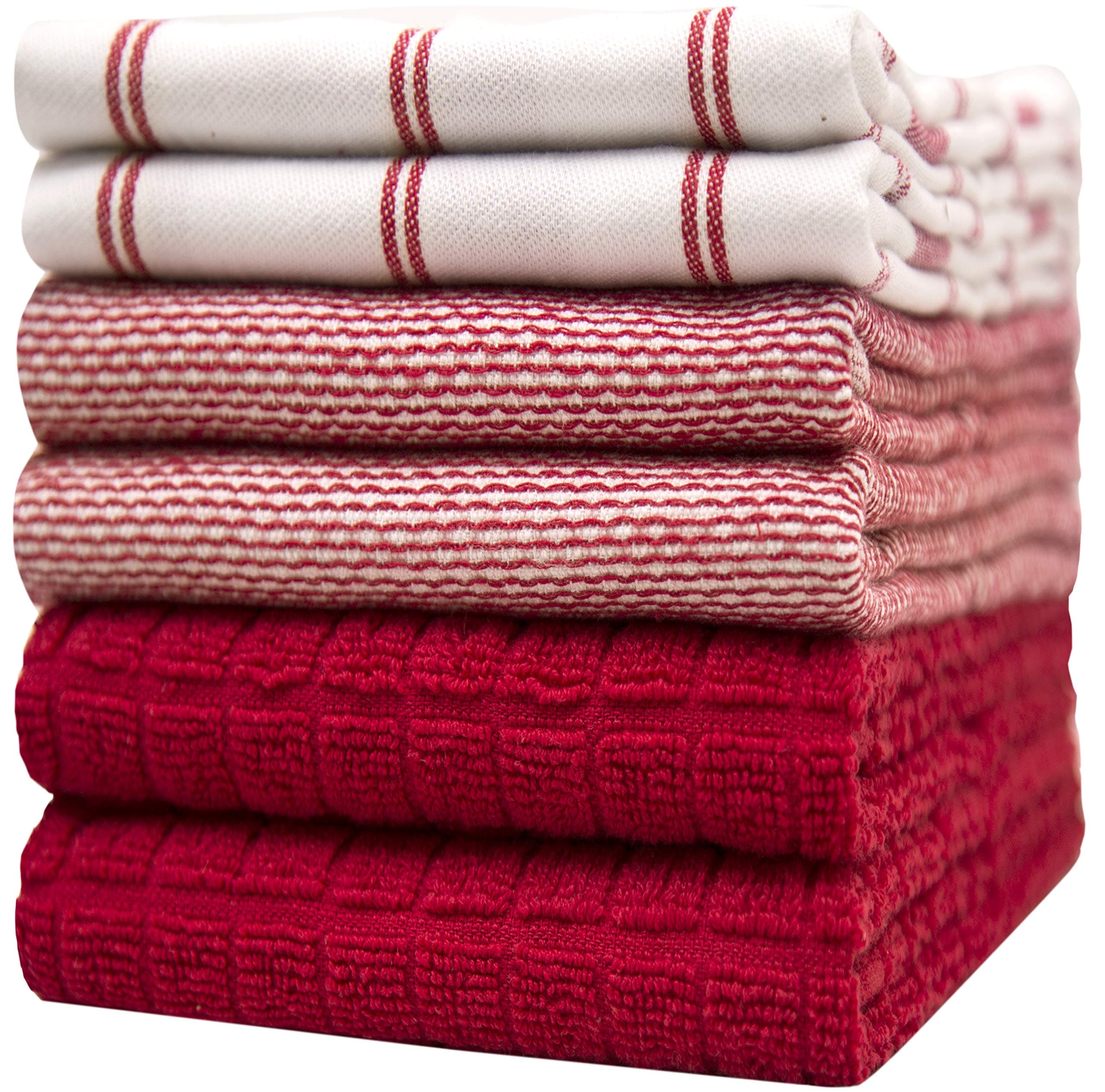 6 Pack Large Tea Towel Set | Absorbent Kitchen Hand Towels | Soft Cotton Dish Towels | Flat & Terry Towel with Hanging Loop | Vibrant Dyed - Red (50 x 70cm)