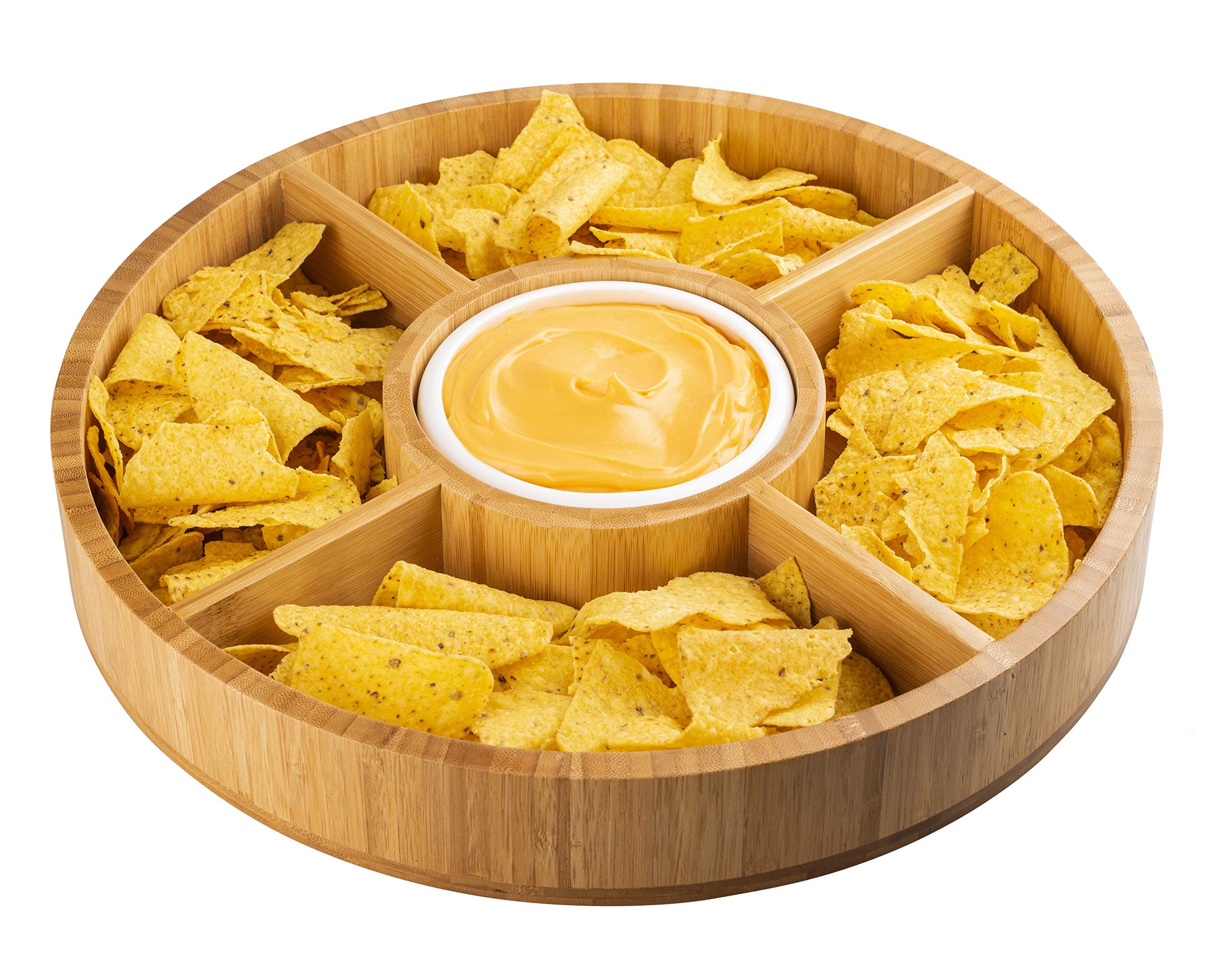Chip and Dip Serving Tray with Ceramic Dip Bowl – Large Bamboo Dip Platter Tray for Event Use – Appetizer Server for Salsa, Nacho, Guacamole, Taco Chip, Snacks and More