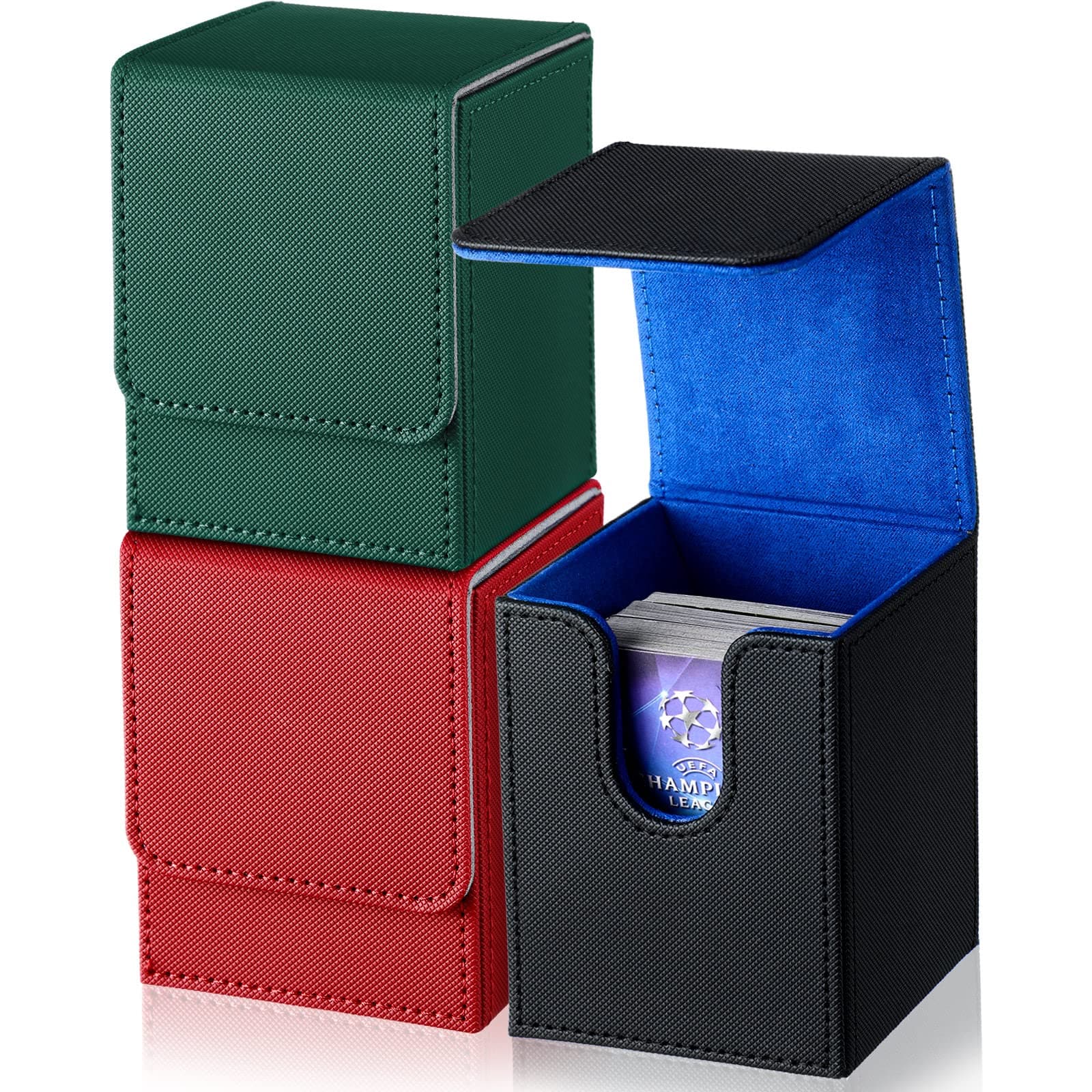 Weewooday 3 Pieces Leather Deck Card Boxes Cards Deck Game Box for 100 Plus Cards Playing Card Deck Card Magnetic Storage Box Compatible with MTG TCG(Black Blue, Red, Green,Vertical)
